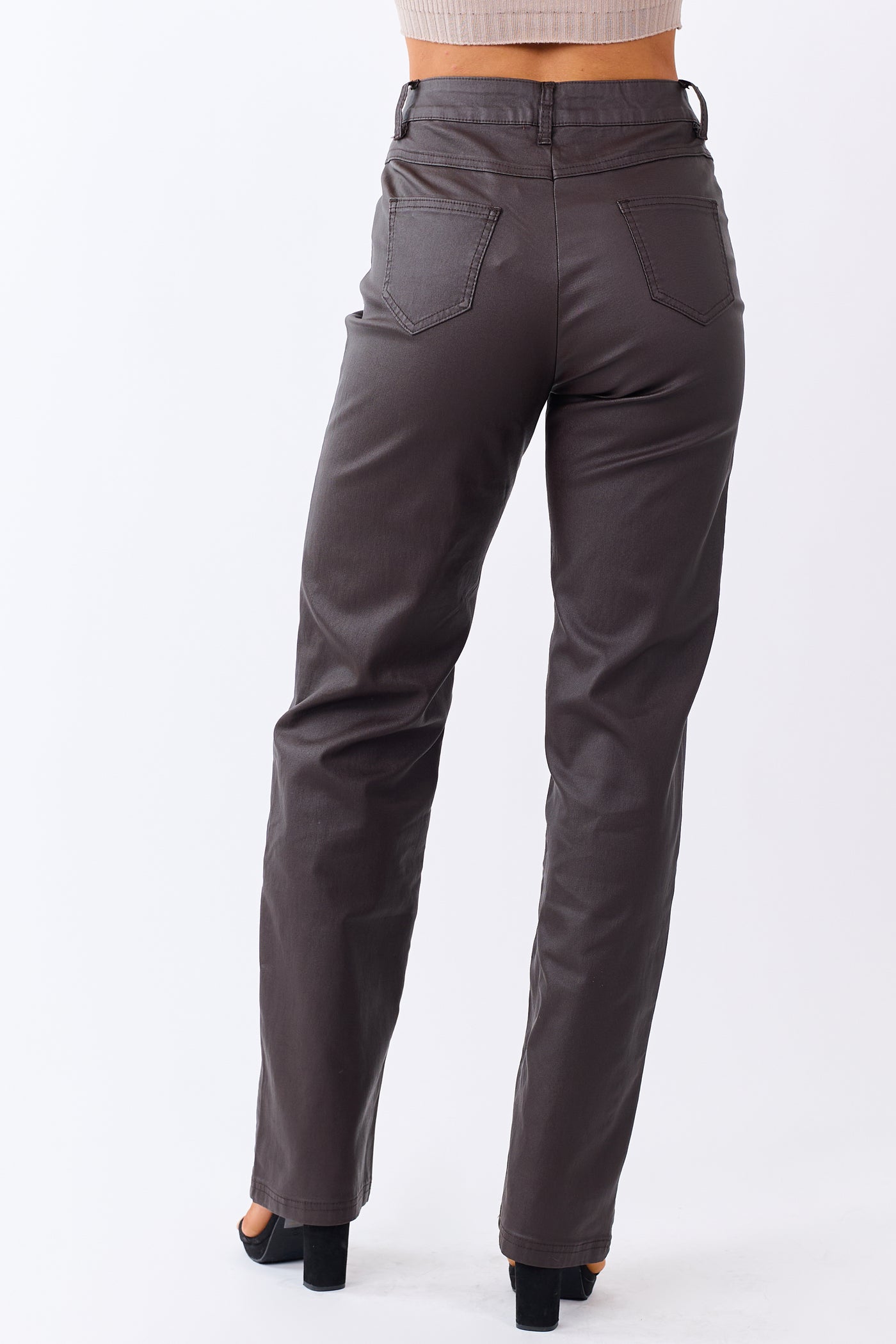 Chocolate Metallic Faux Leather Stretchy Straight Pants