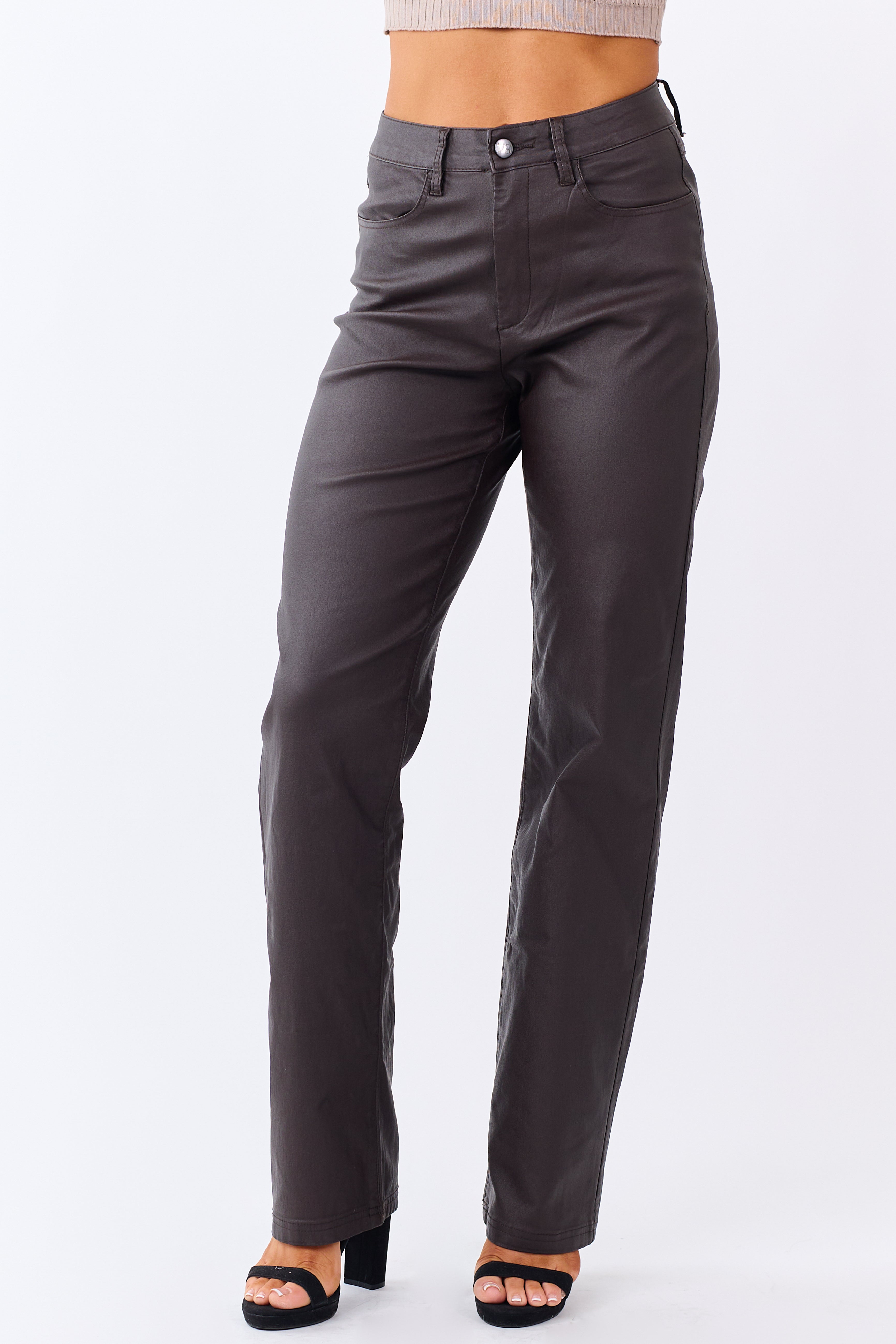 Chocolate Metallic Faux Leather Stretchy Straight Pants