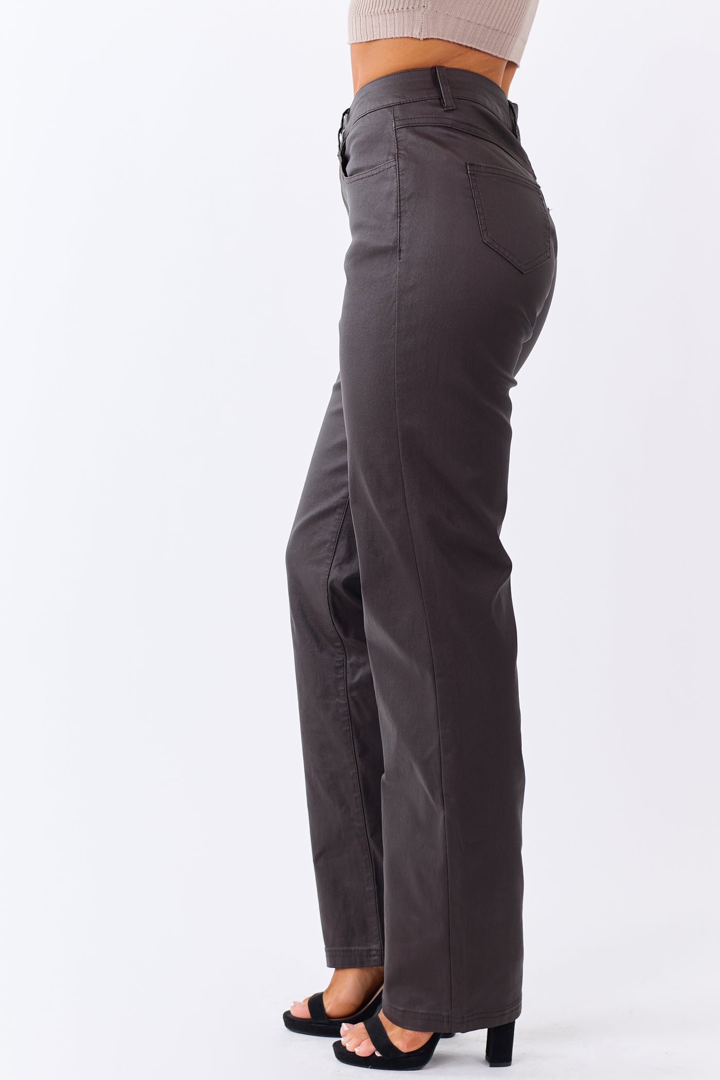 Chocolate Metallic Faux Leather Stretchy Straight Pants