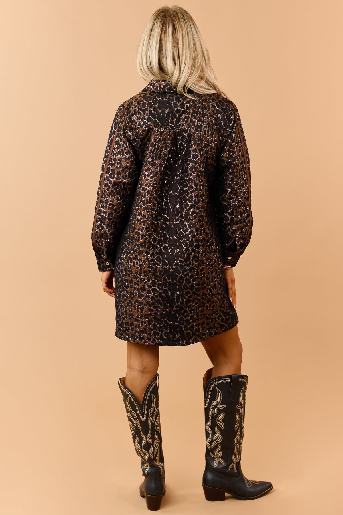 Chocolate Metallic Leopard Print Mini Shirt Dress