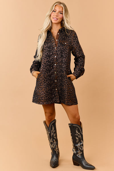 Chocolate Metallic Leopard Print Mini Shirt Dress