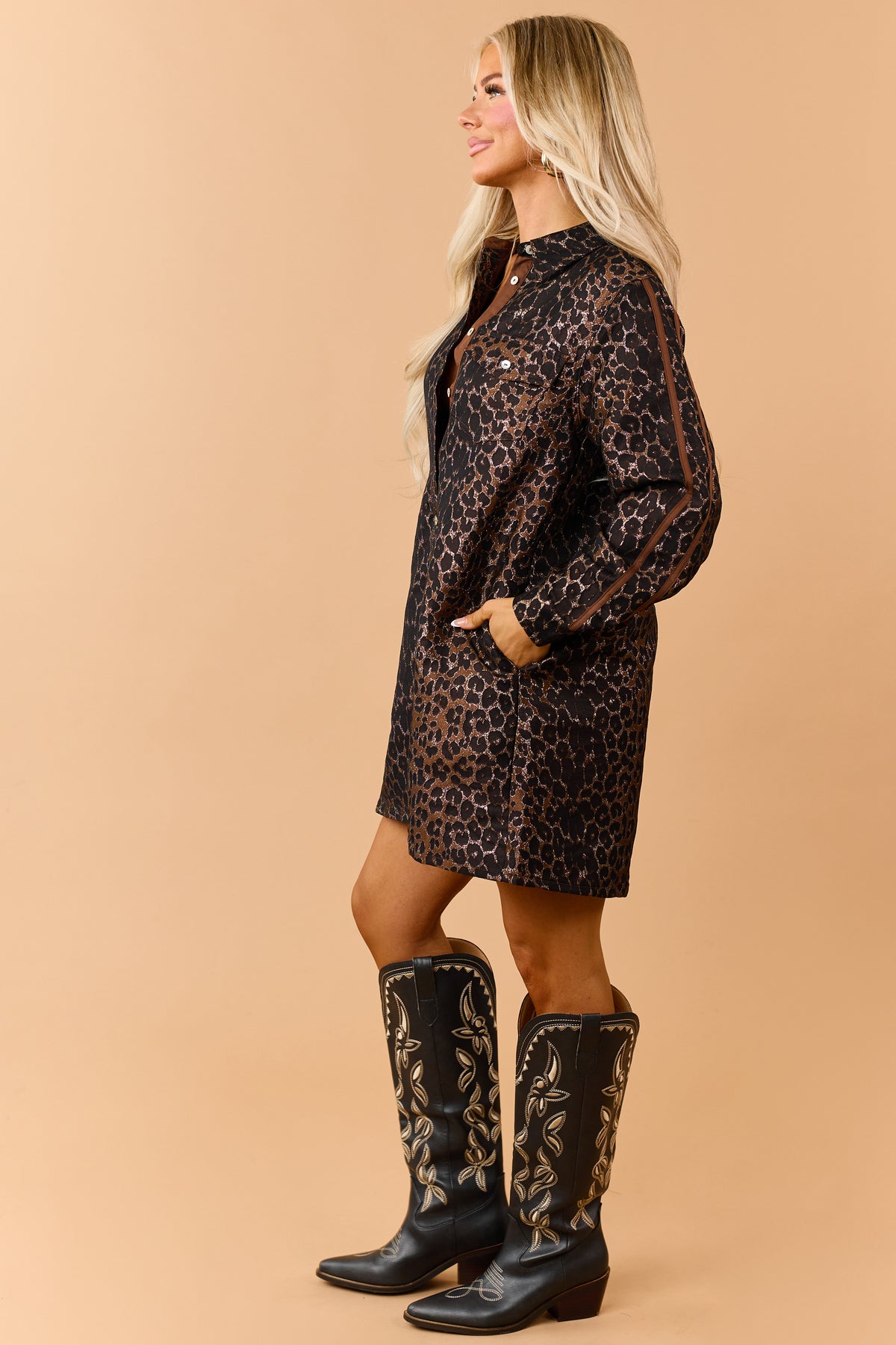 Chocolate Metallic Leopard Print Mini Shirt Dress