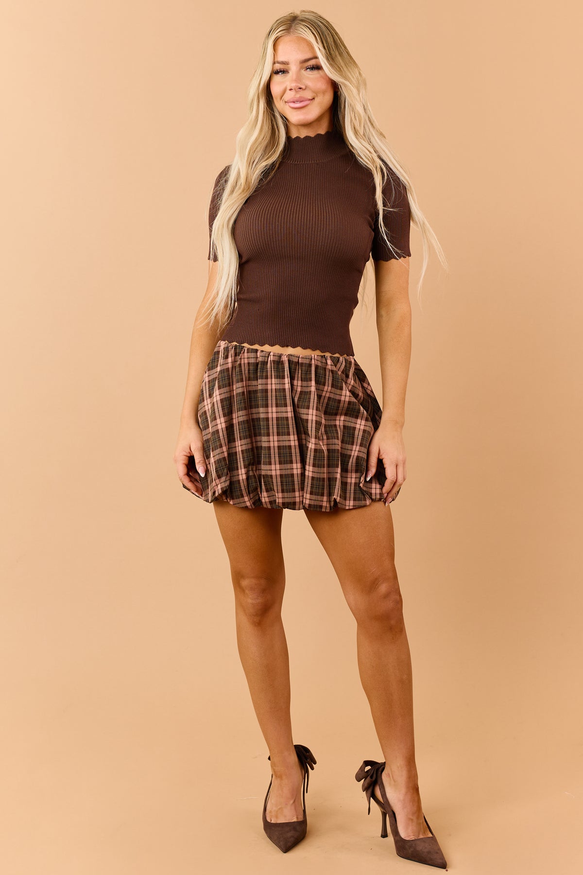 Chocolate Mock Neck Scalloped Trim Short Sleeve Top