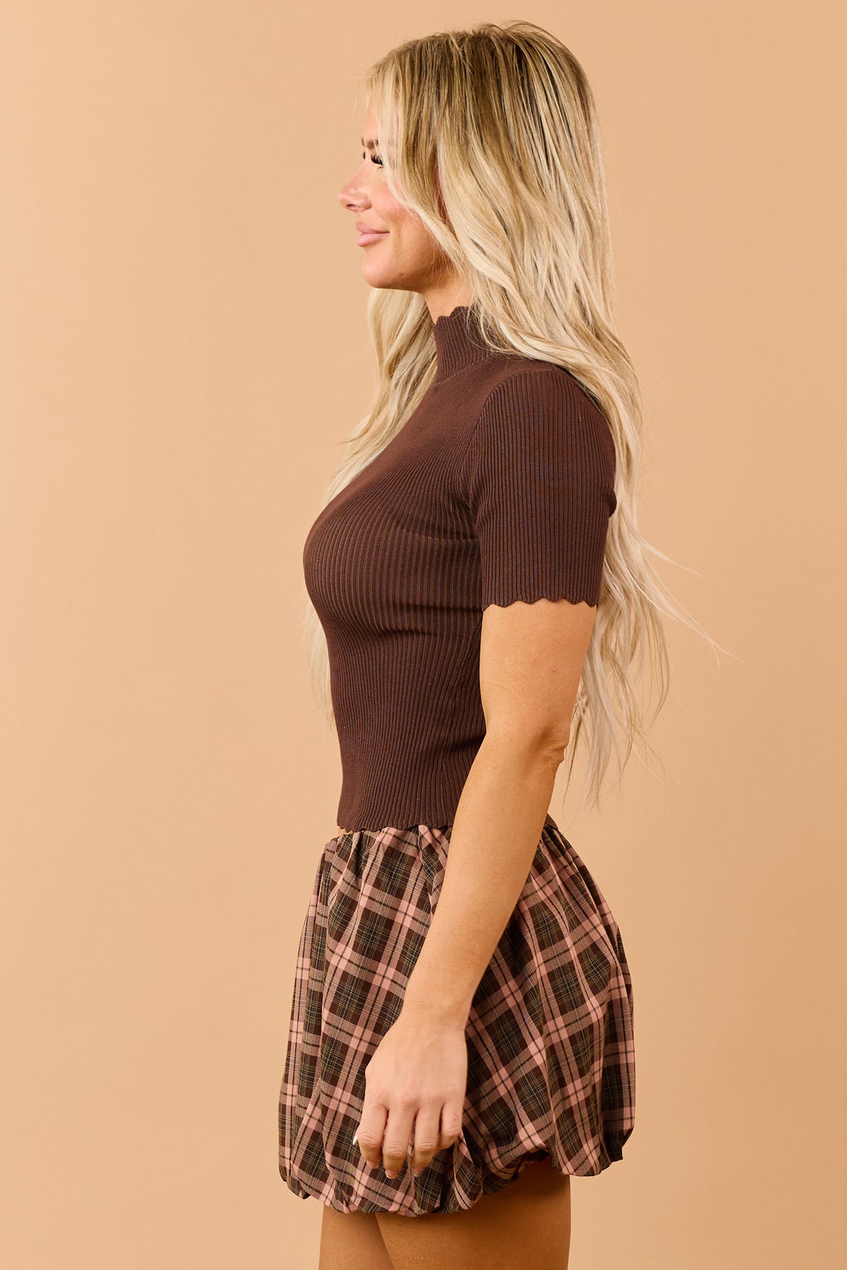 Chocolate Mock Neck Scalloped Trim Short Sleeve Top