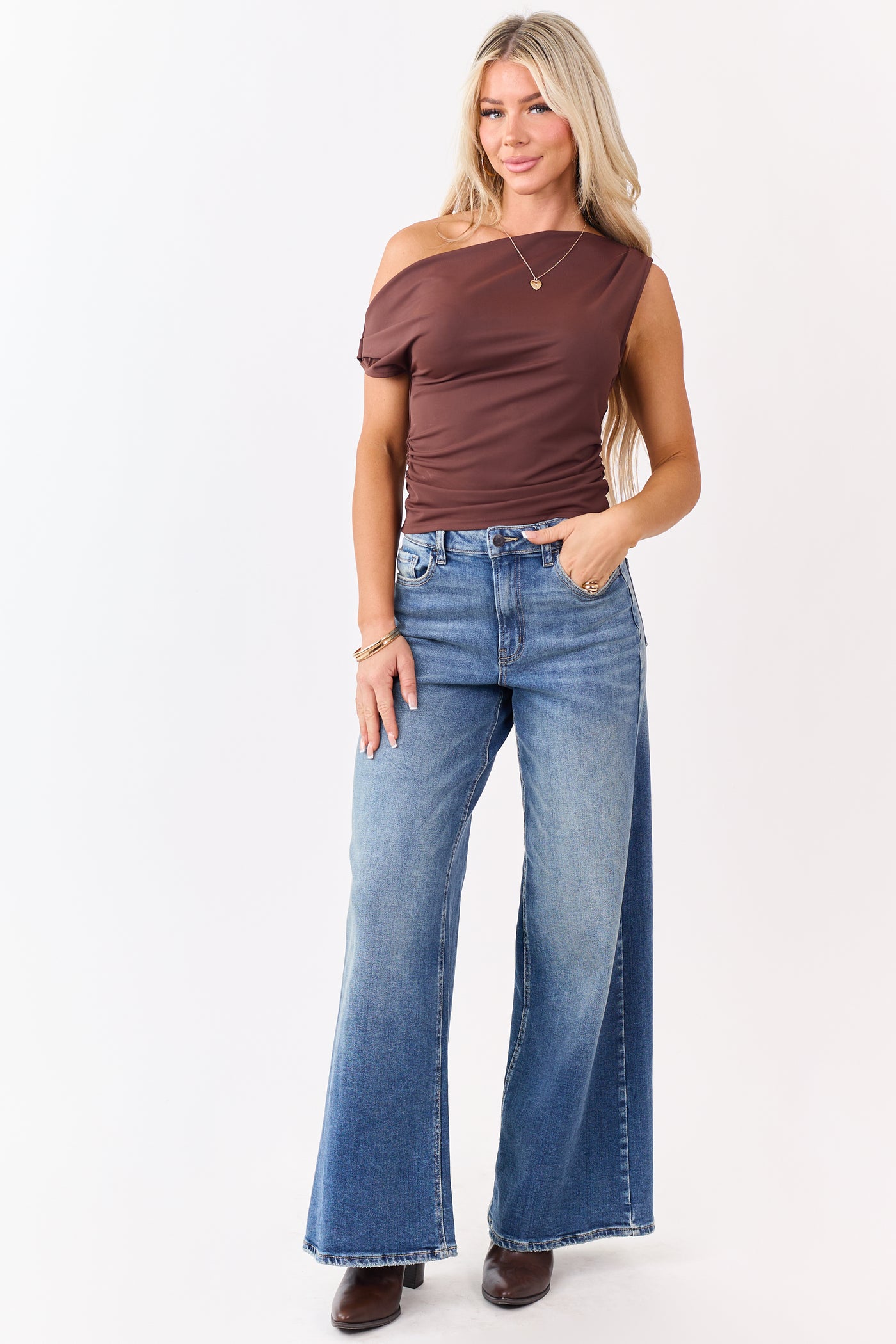 Chocolate One Shoulder Ruched Knit Tank Top