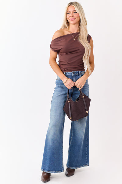 Chocolate One Shoulder Ruched Knit Tank Top