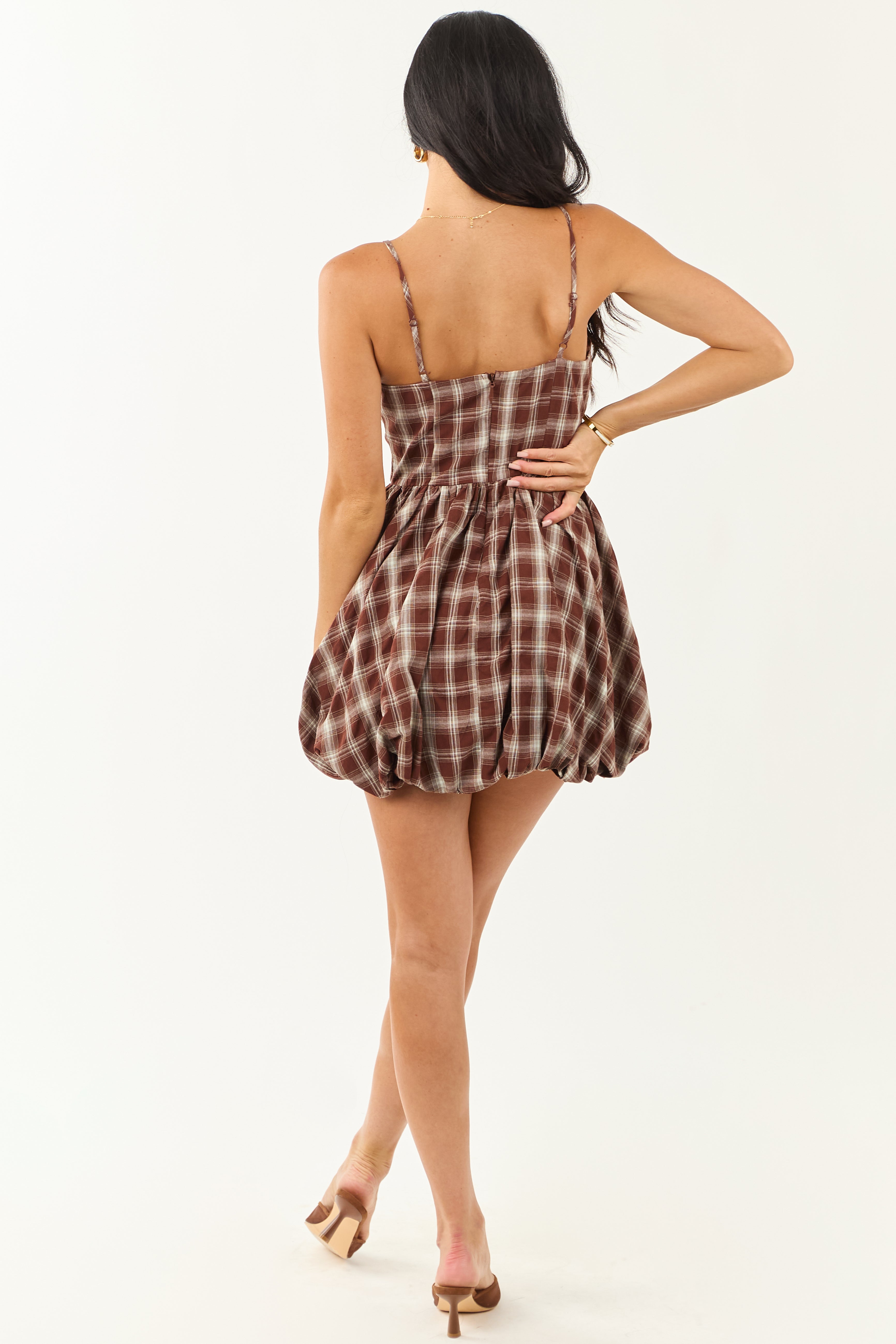 Chocolate Plaid Bubble Hem Cotton Mini Dress