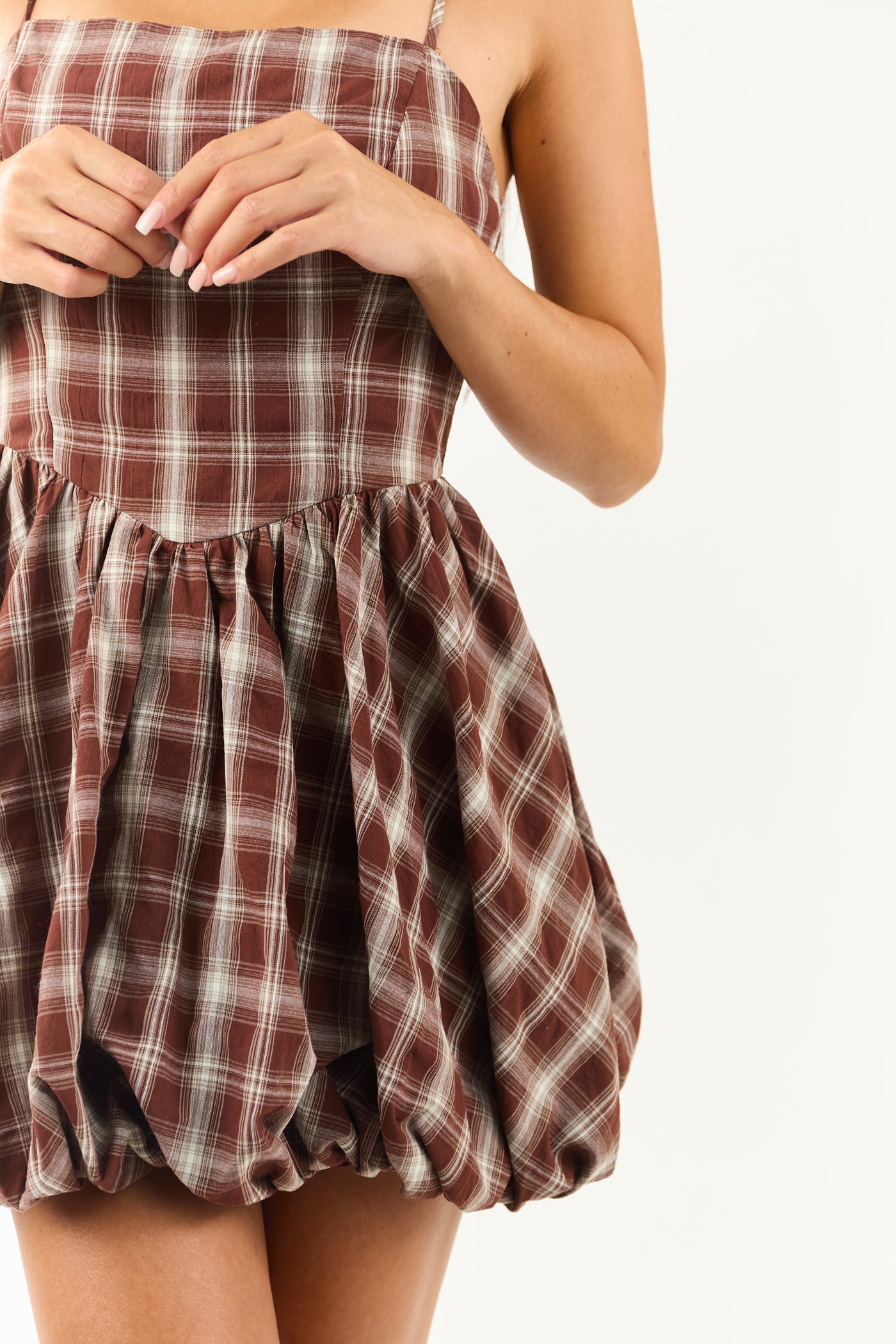 Chocolate Plaid Bubble Hem Cotton Mini Dress Chocolate Plaid Bubble Hem Cotton Mini Dress