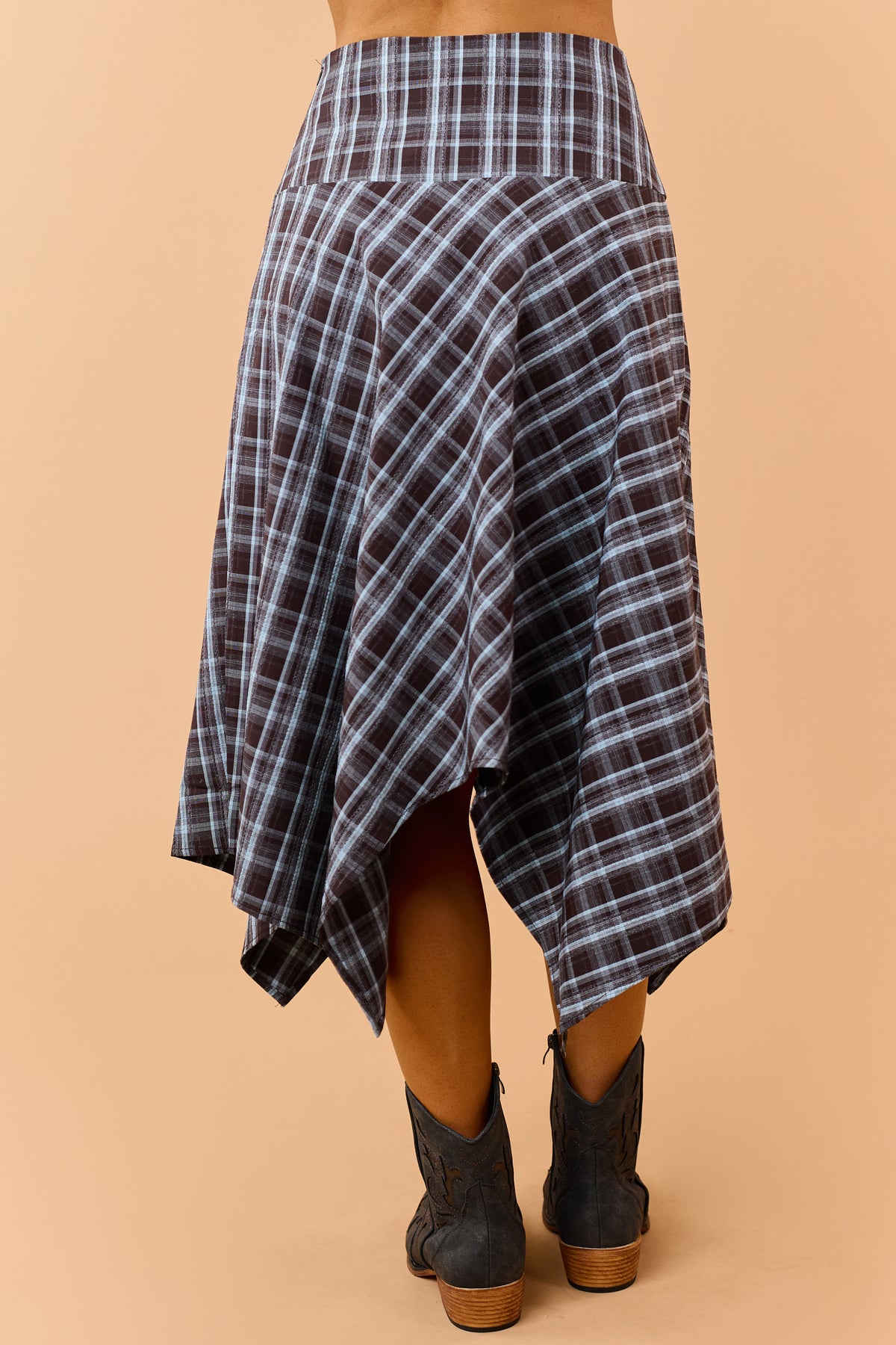 Chocolate Plaid Handkerchief Hem Midi Skirt