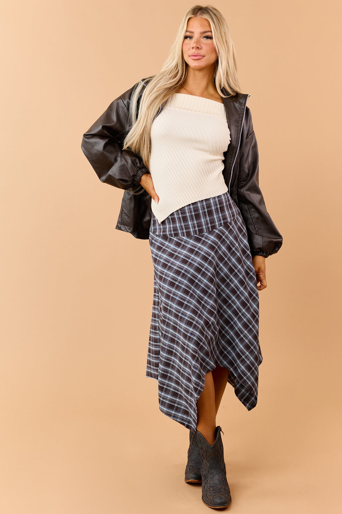 Chocolate Plaid Handkerchief Hem Midi Skirt