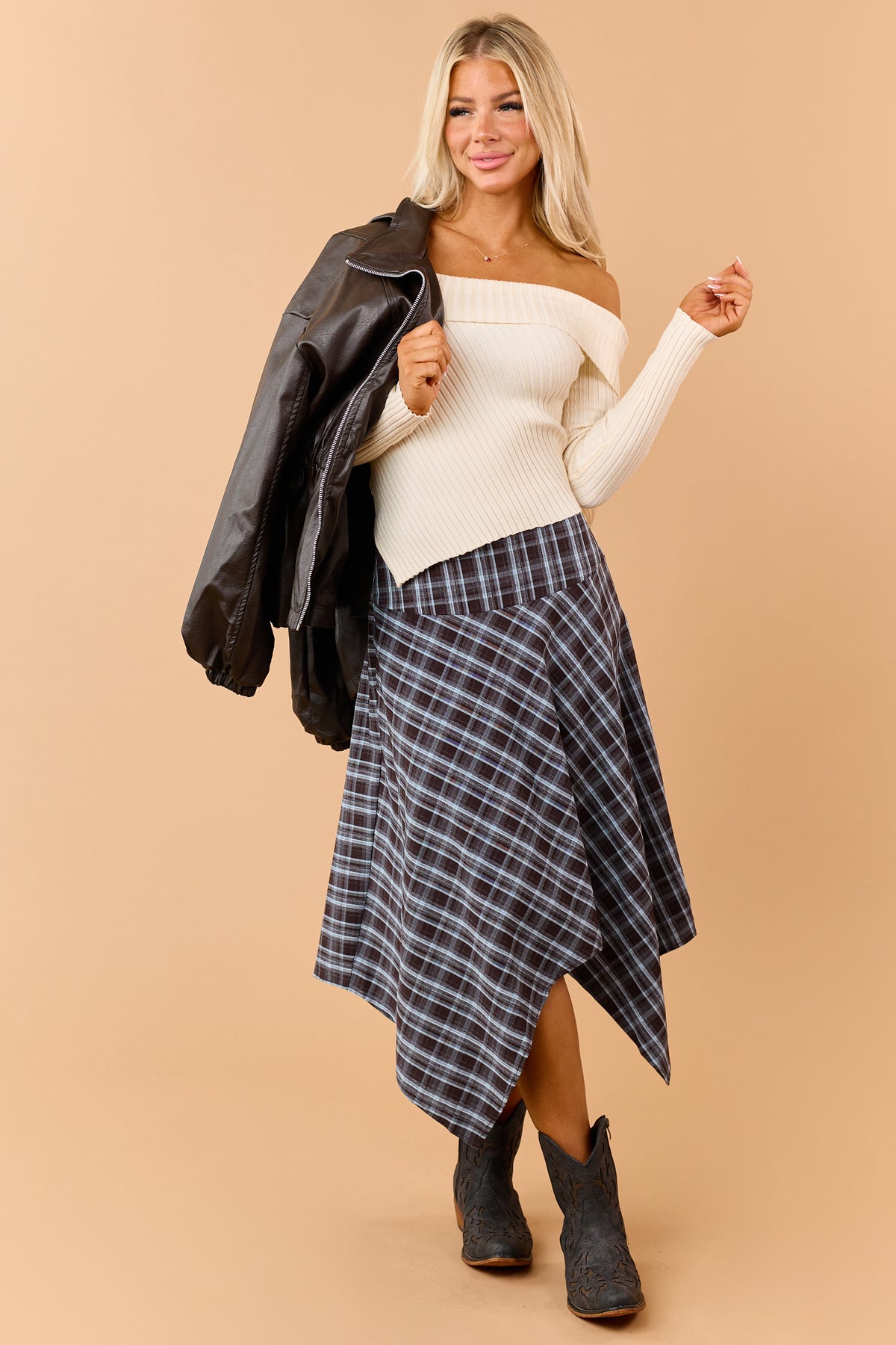 Chocolate Plaid Handkerchief Hem Midi Skirt