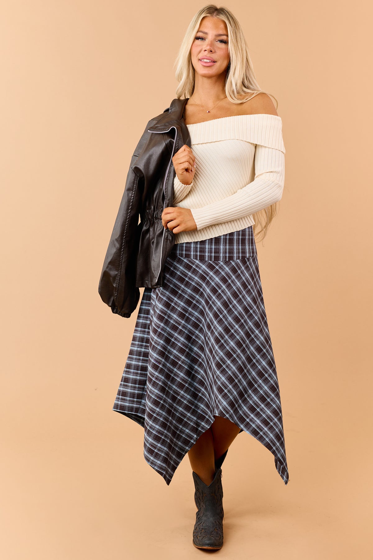 Chocolate Plaid Handkerchief Hem Midi Skirt