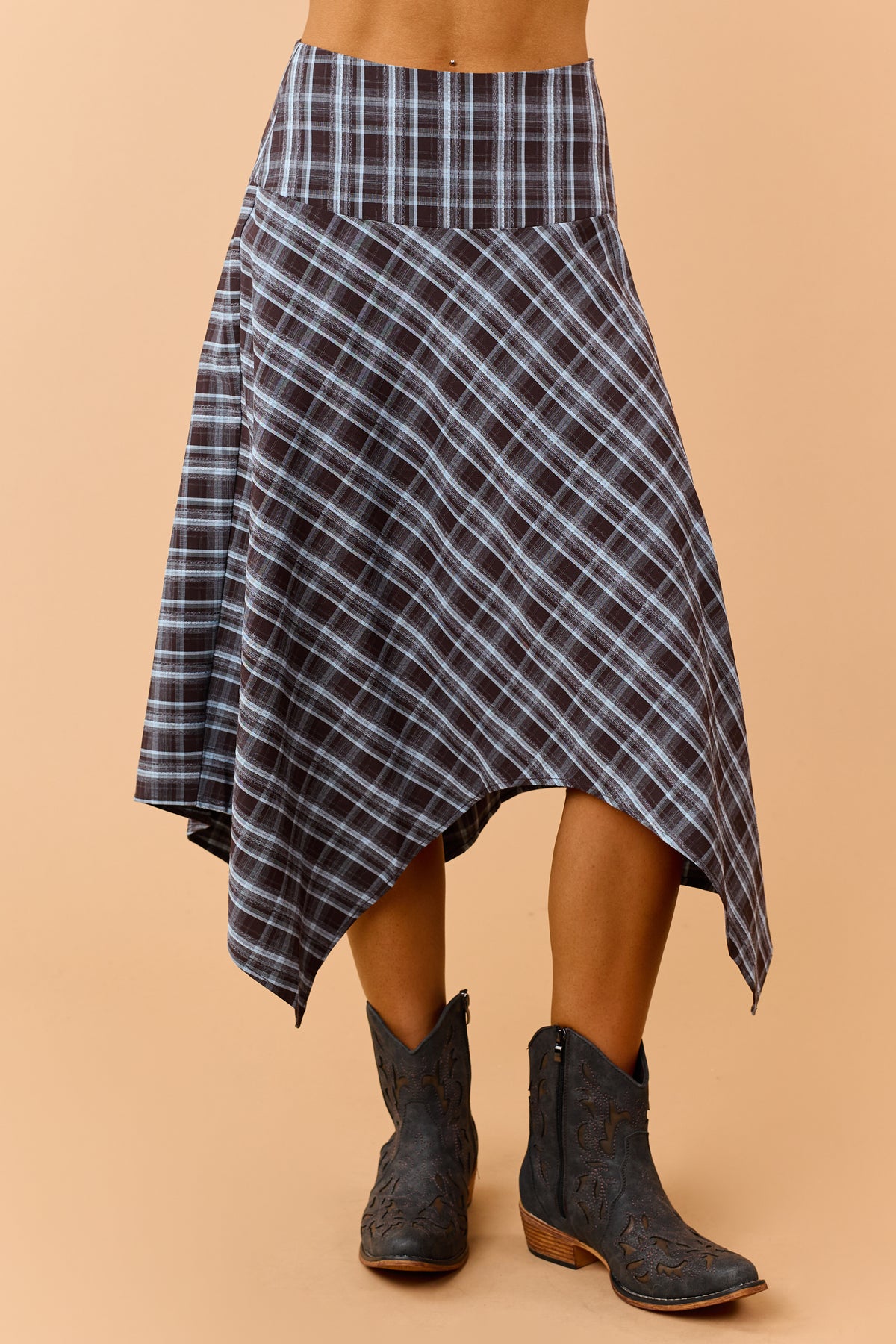 Chocolate Plaid Handkerchief Hem Midi Skirt
