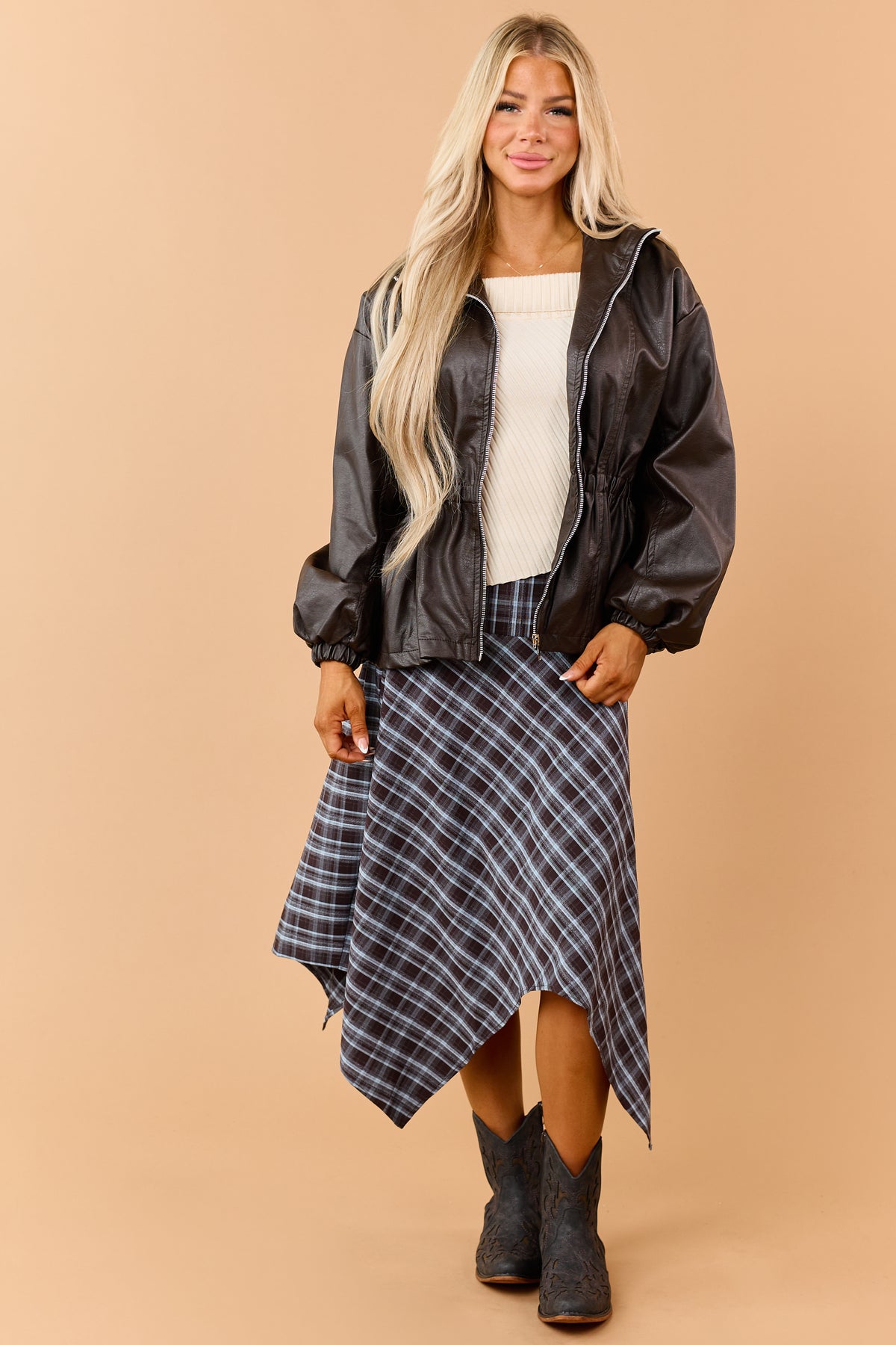 Chocolate Plaid Handkerchief Hem Midi Skirt
