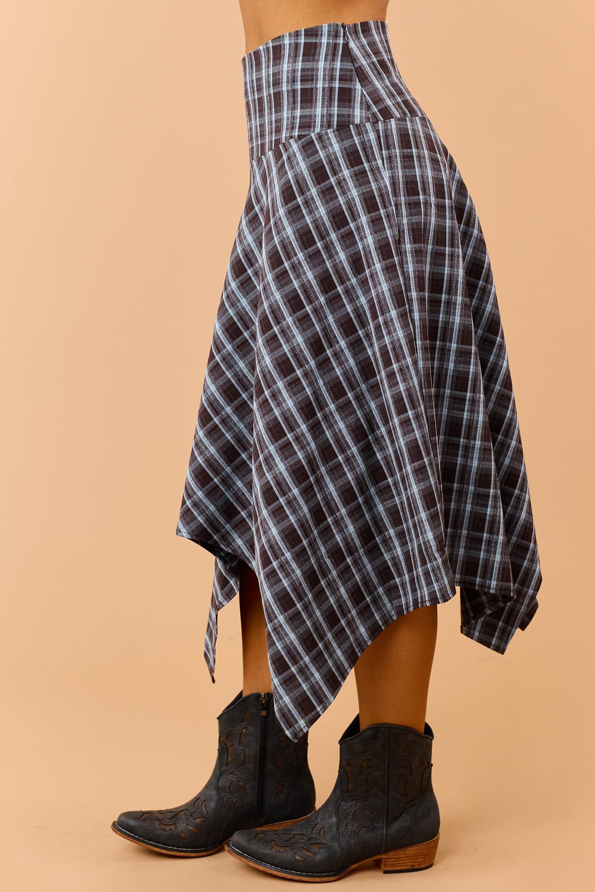 Chocolate Plaid Handkerchief Hem Midi Skirt