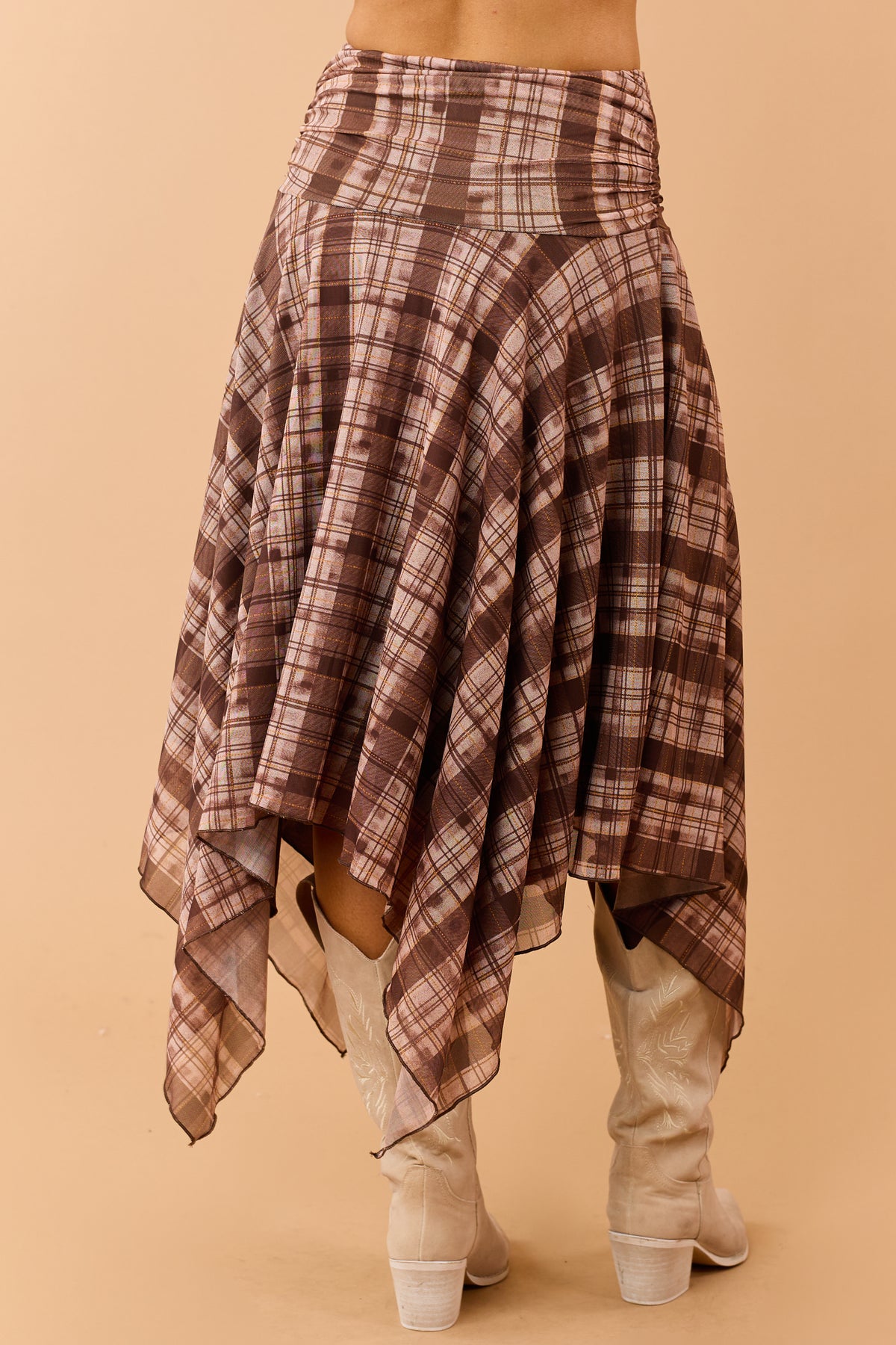 Chocolate Plaid Mesh Handkerchief Hem Midi Skirt