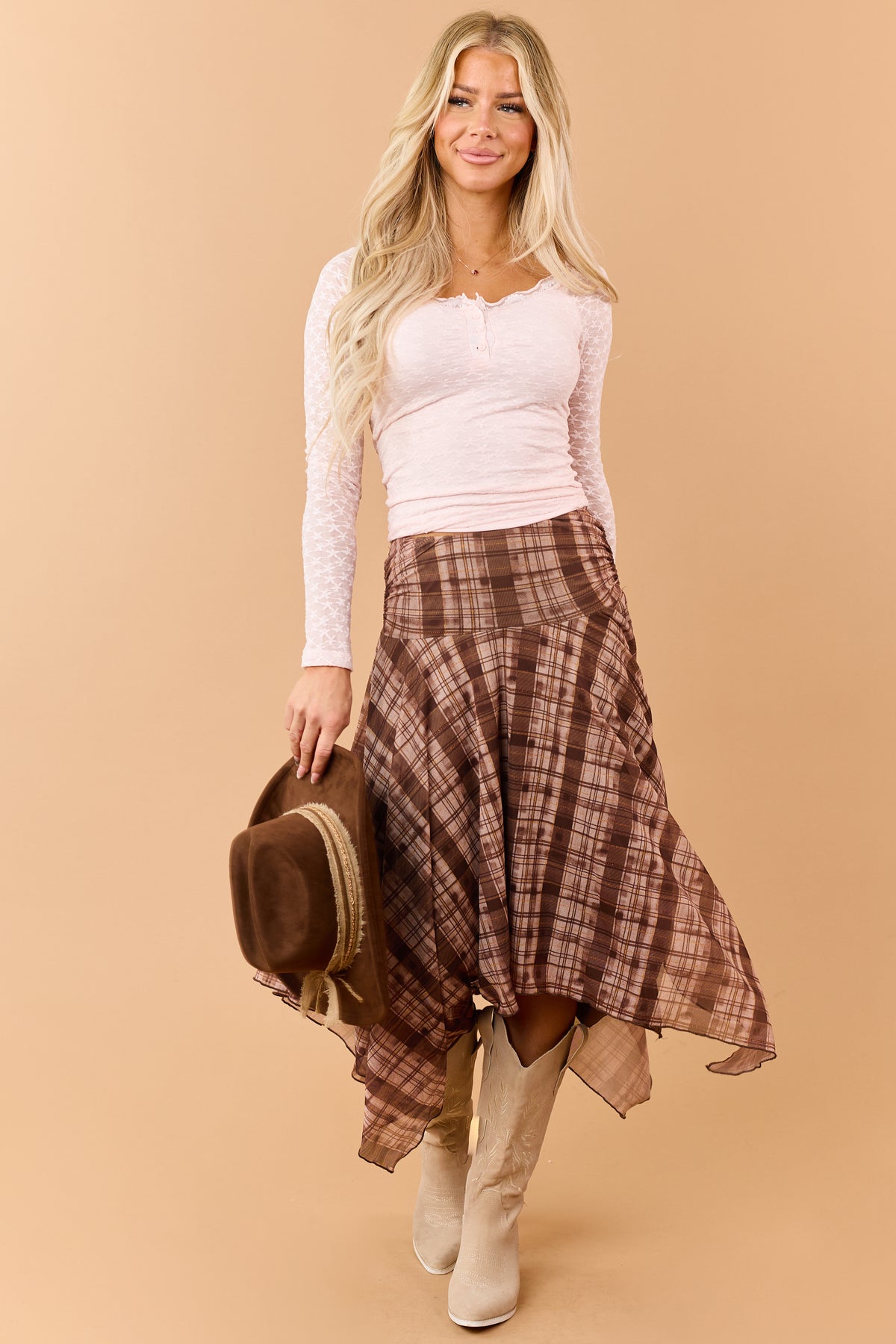 Chocolate Plaid Mesh Handkerchief Hem Midi Skirt
