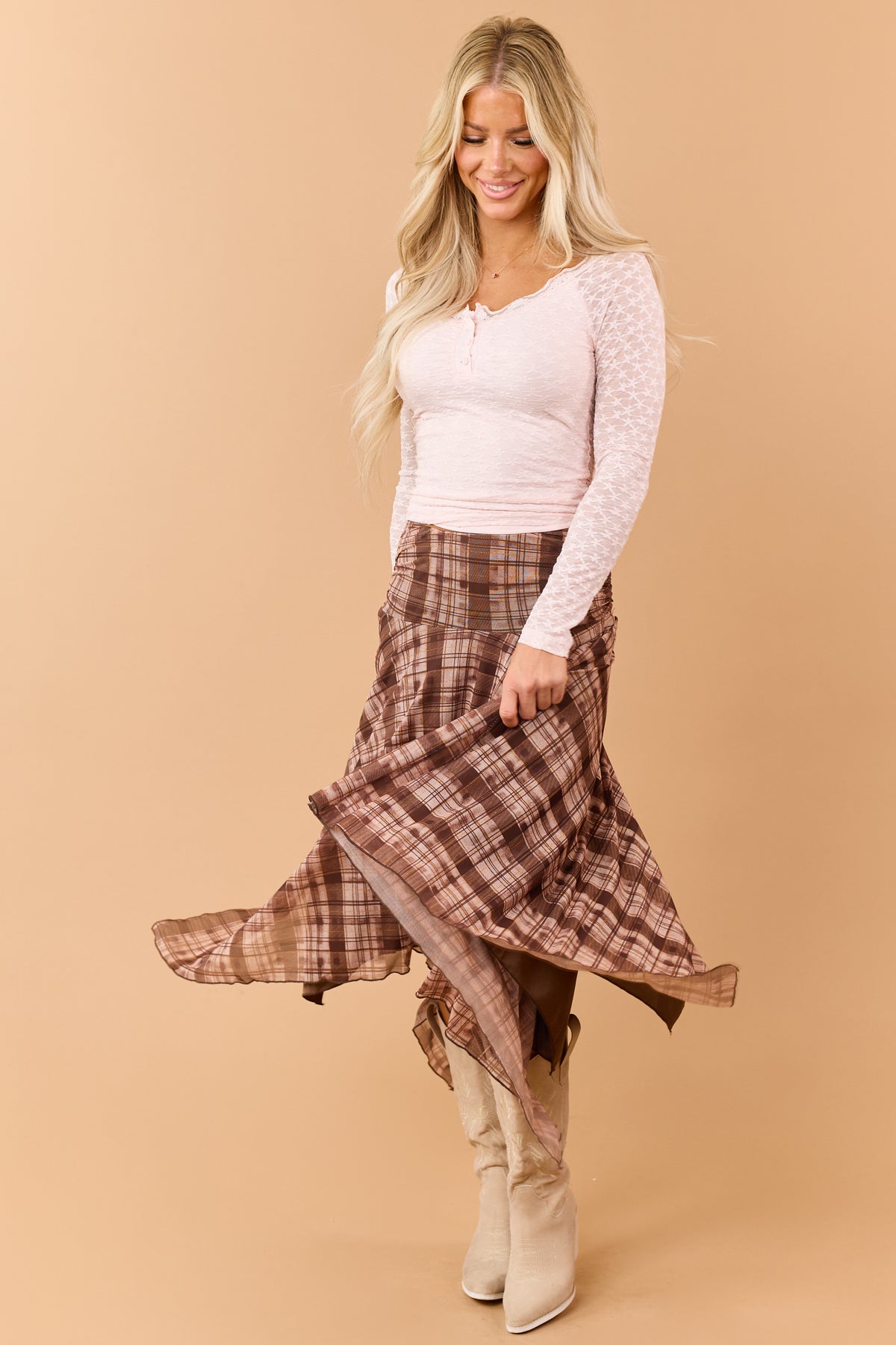 Chocolate Plaid Mesh Handkerchief Hem Midi Skirt
