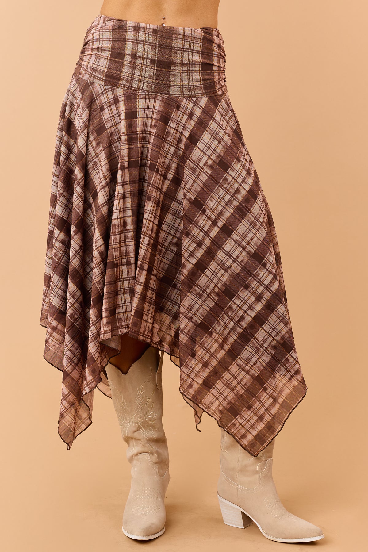 Chocolate Plaid Mesh Handkerchief Hem Midi Skirt