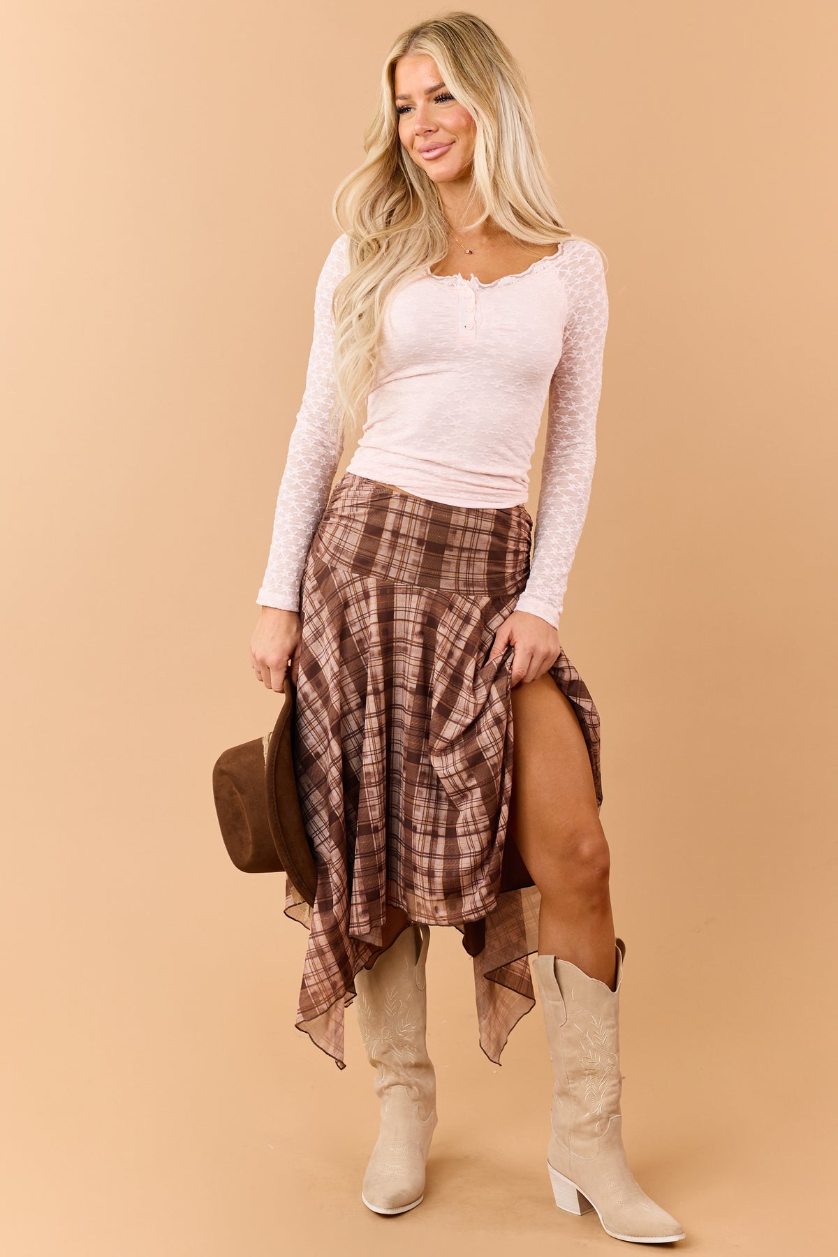 Chocolate Plaid Mesh Handkerchief Hem Midi Skirt