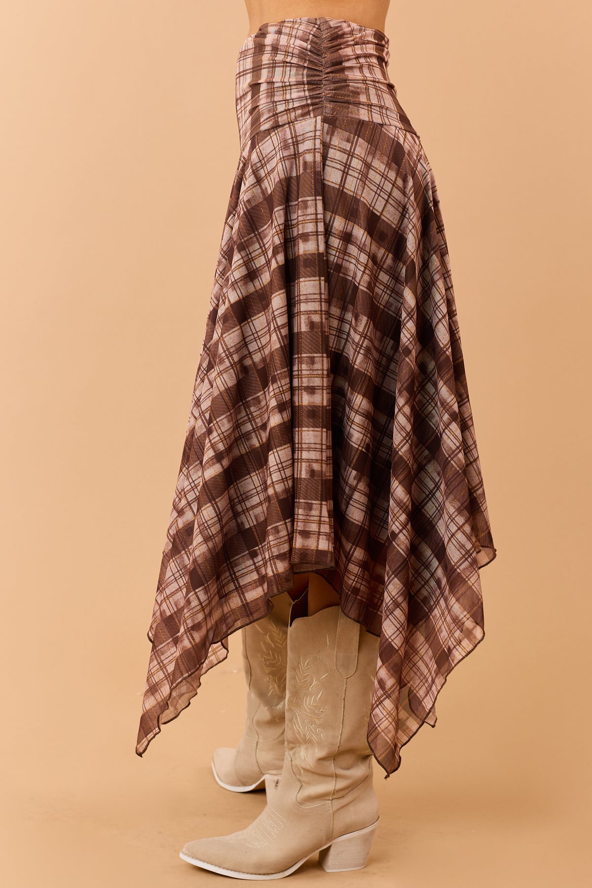 Chocolate Plaid Mesh Handkerchief Hem Midi Skirt