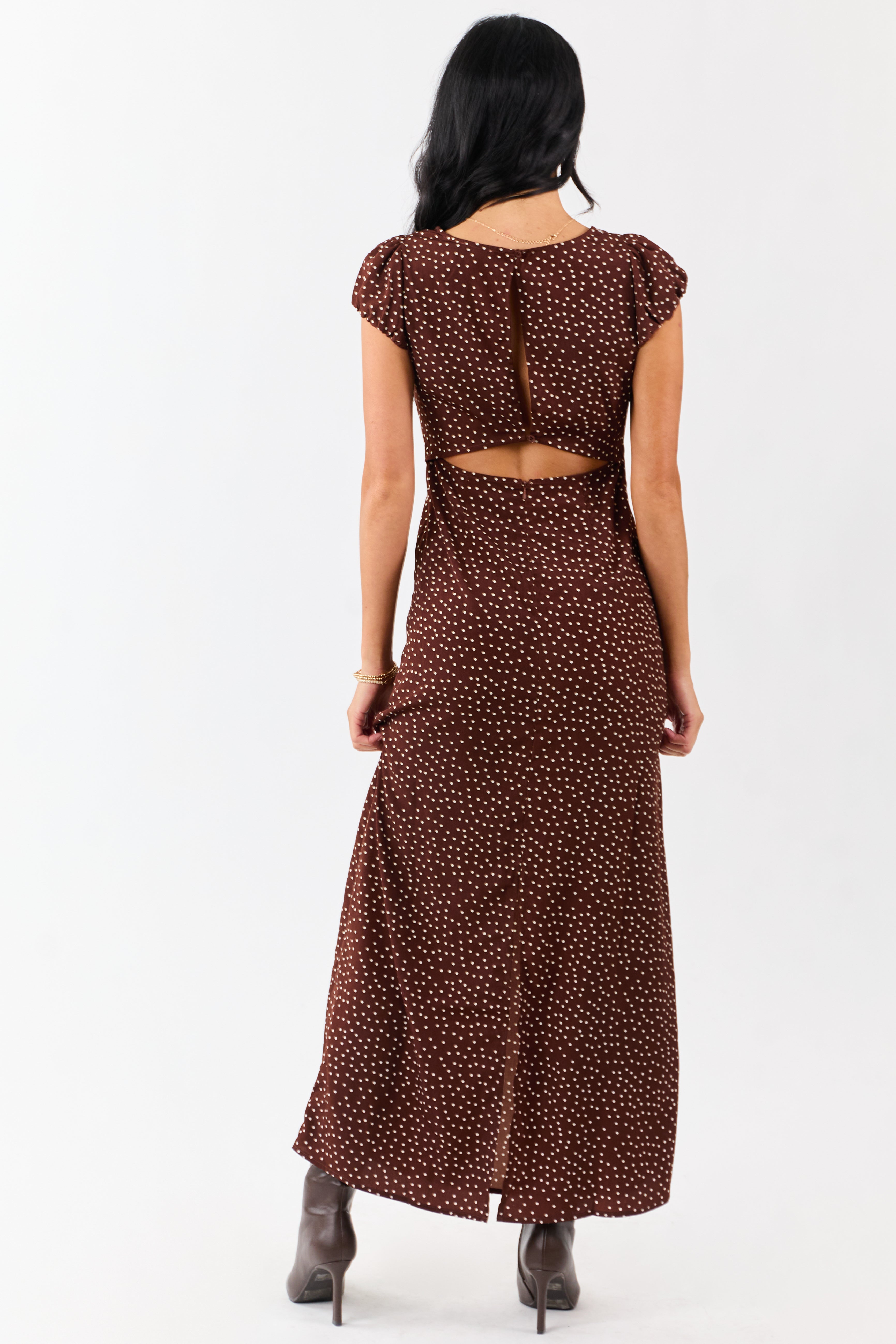 Chocolate Polka Dot Lace Bust Cap Sleeve Maxi Dress