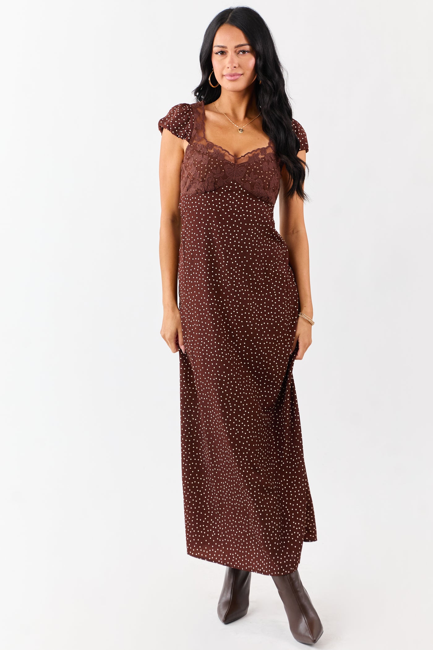 Chocolate Polka Dot Lace Bust Cap Sleeve Maxi Dress | Lime Lush Boutique Chocolate Polka Dot Lace Bust Cap Sleeve Maxi Dress | Lime Lush Boutique