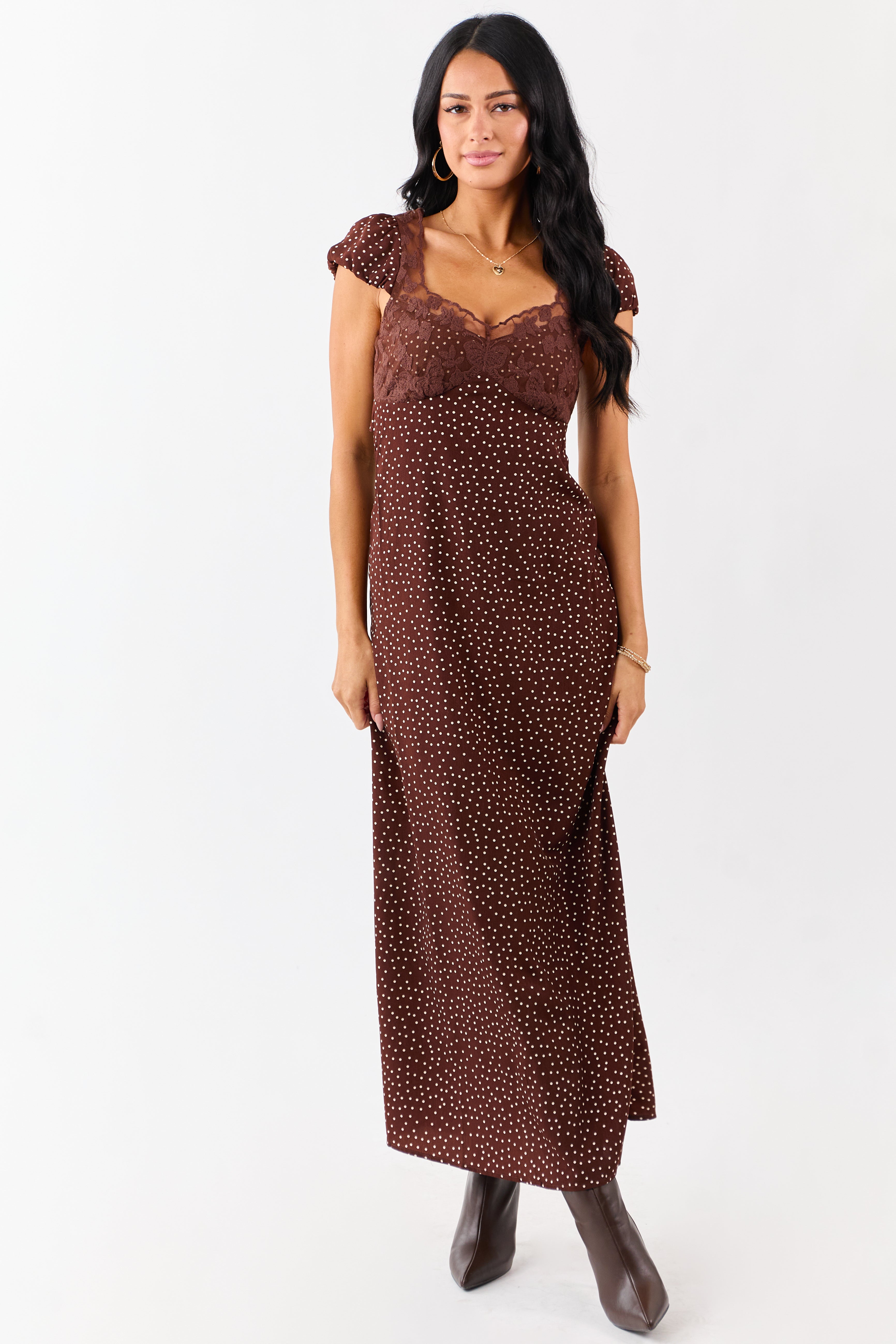 Chocolate Polka Dot Lace Bust Cap Sleeve Maxi Dress