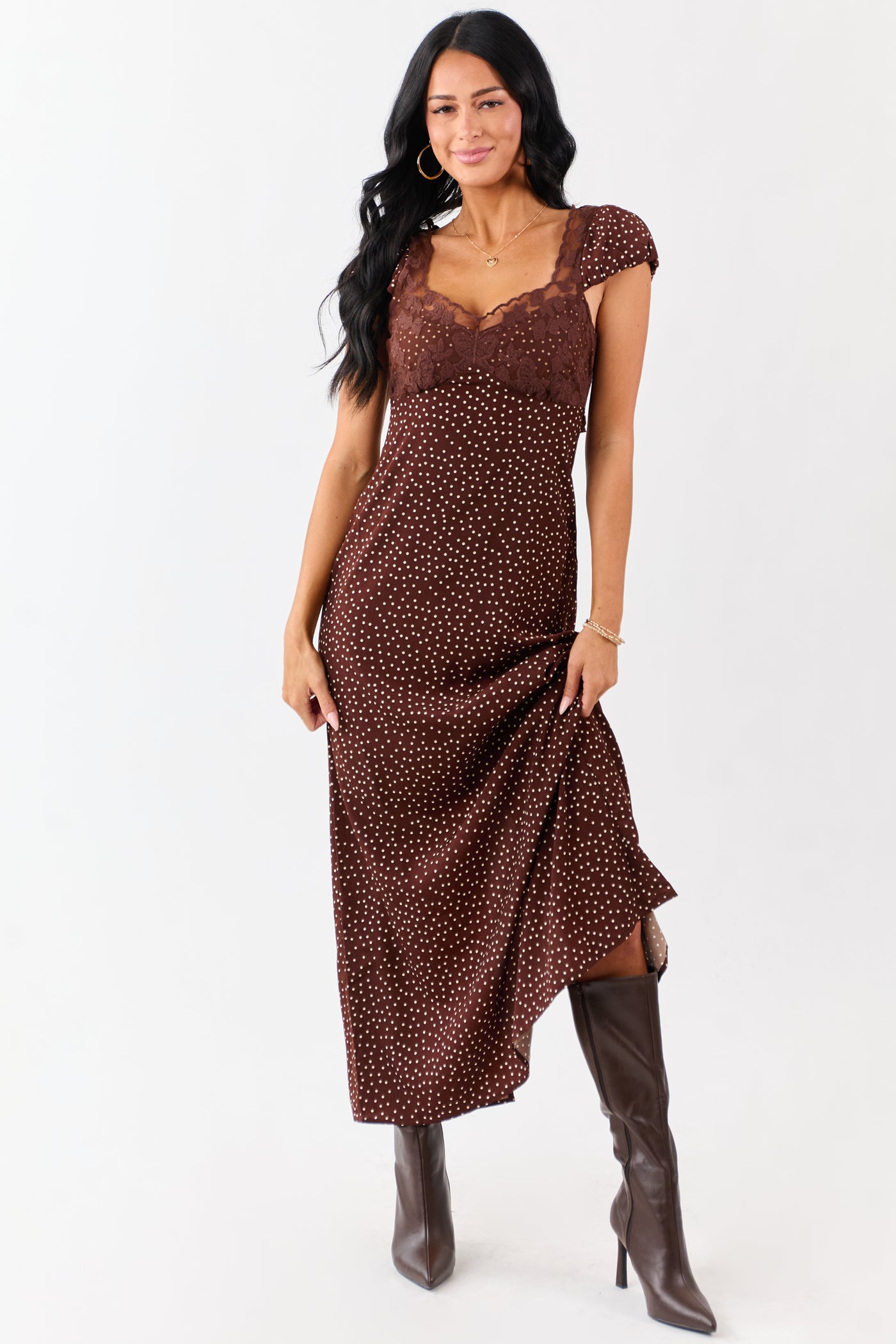 Chocolate Polka Dot Lace Bust Cap Sleeve Maxi Dress - S Chocolate Polka Dot Lace Bust Cap Sleeve Maxi Dress - S
