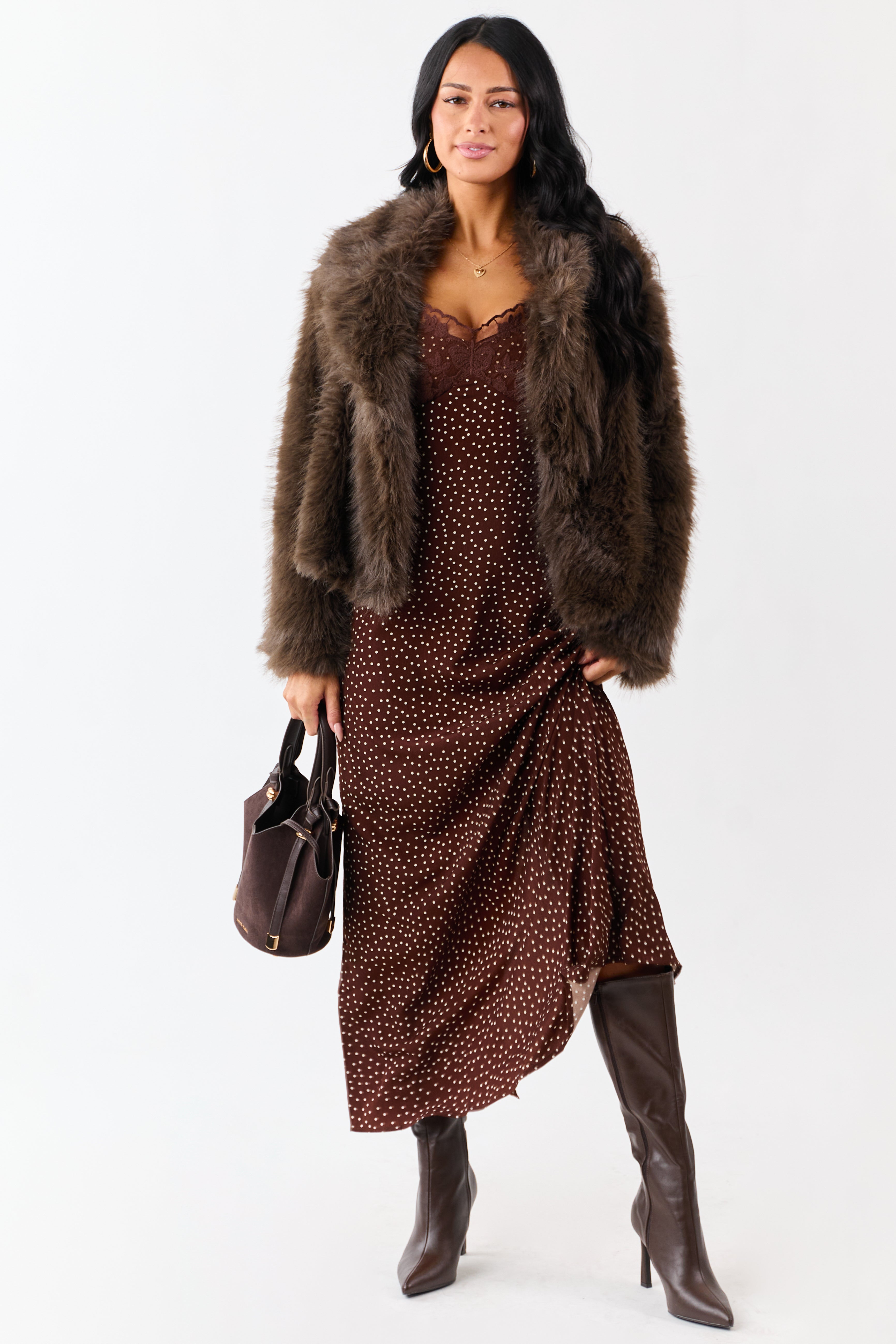 Chocolate Polka Dot Lace Bust Cap Sleeve Maxi Dress