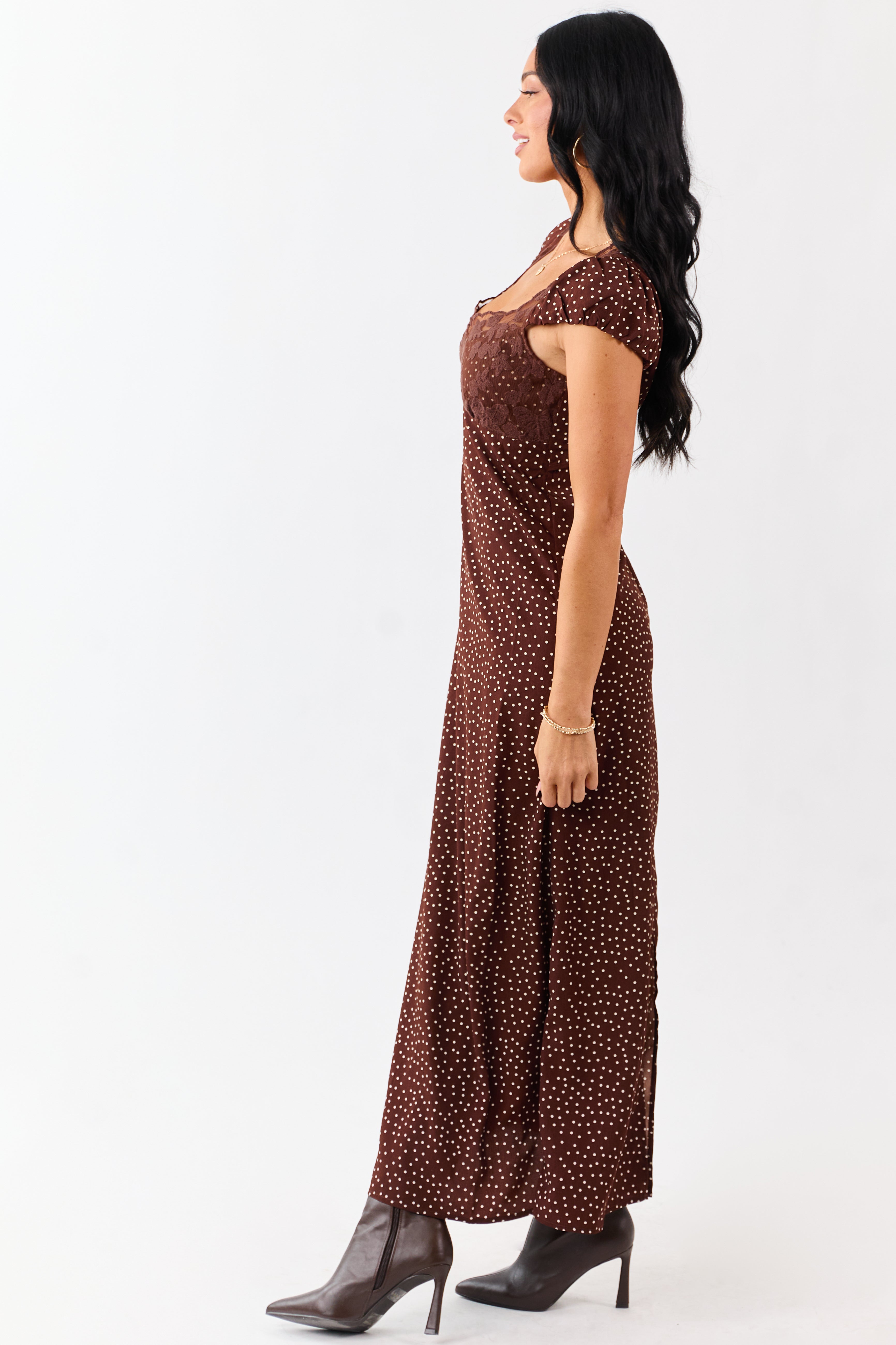 Chocolate Polka Dot Lace Bust Cap Sleeve Maxi Dress