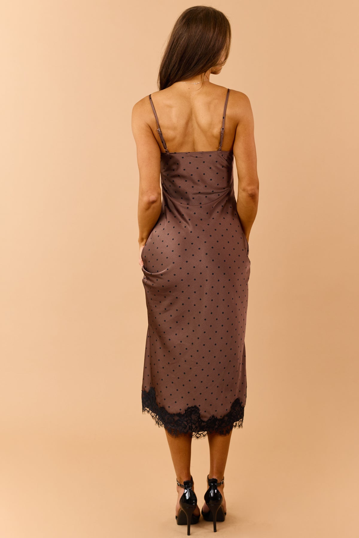 Chocolate Polka Dot Satin Lace Trim Midi Dress