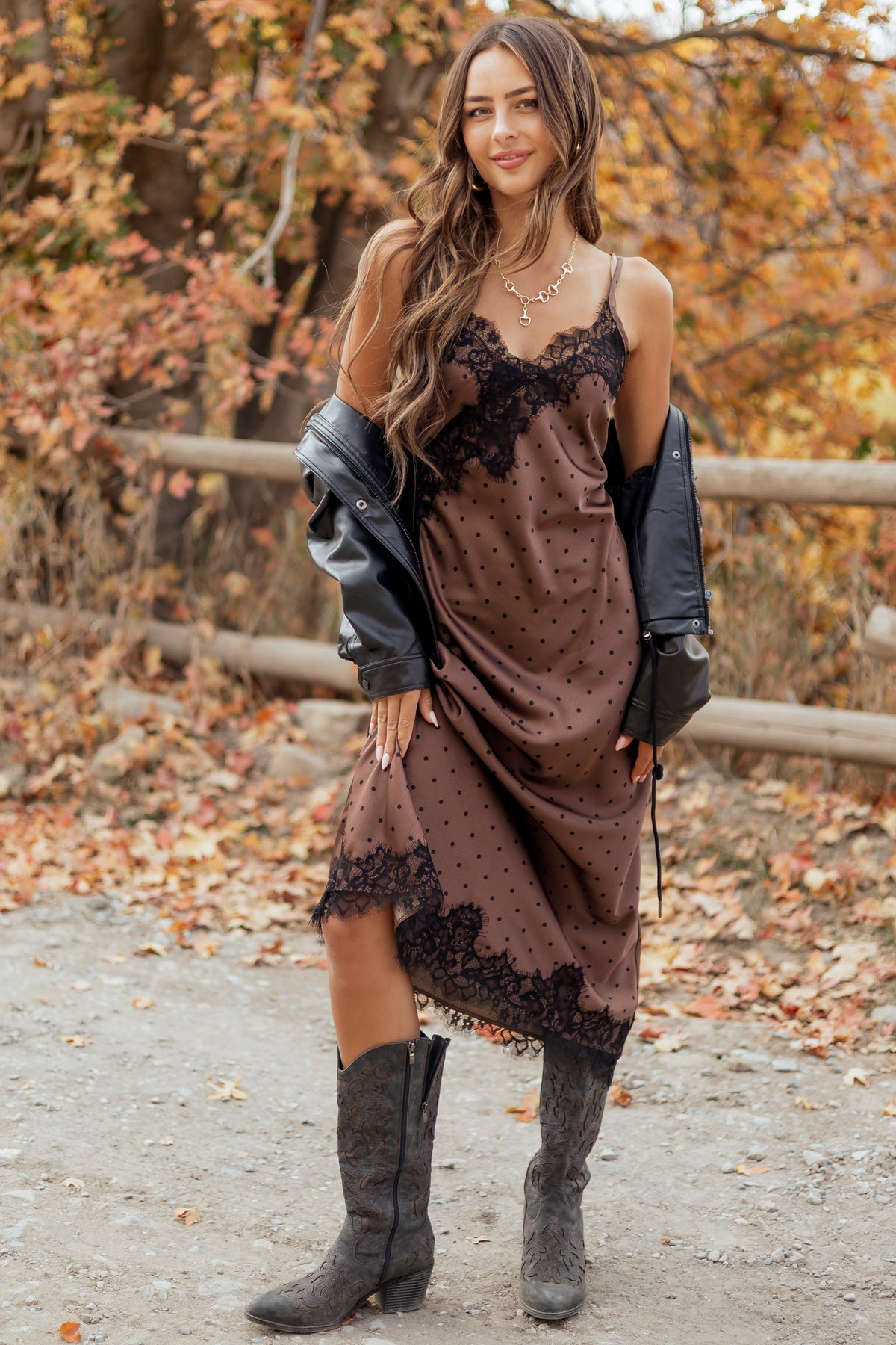 Chocolate Polka Dot Satin Lace Trim Midi Dress