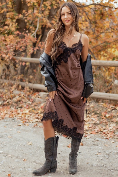 Chocolate Polka Dot Satin Lace Trim Midi Dress