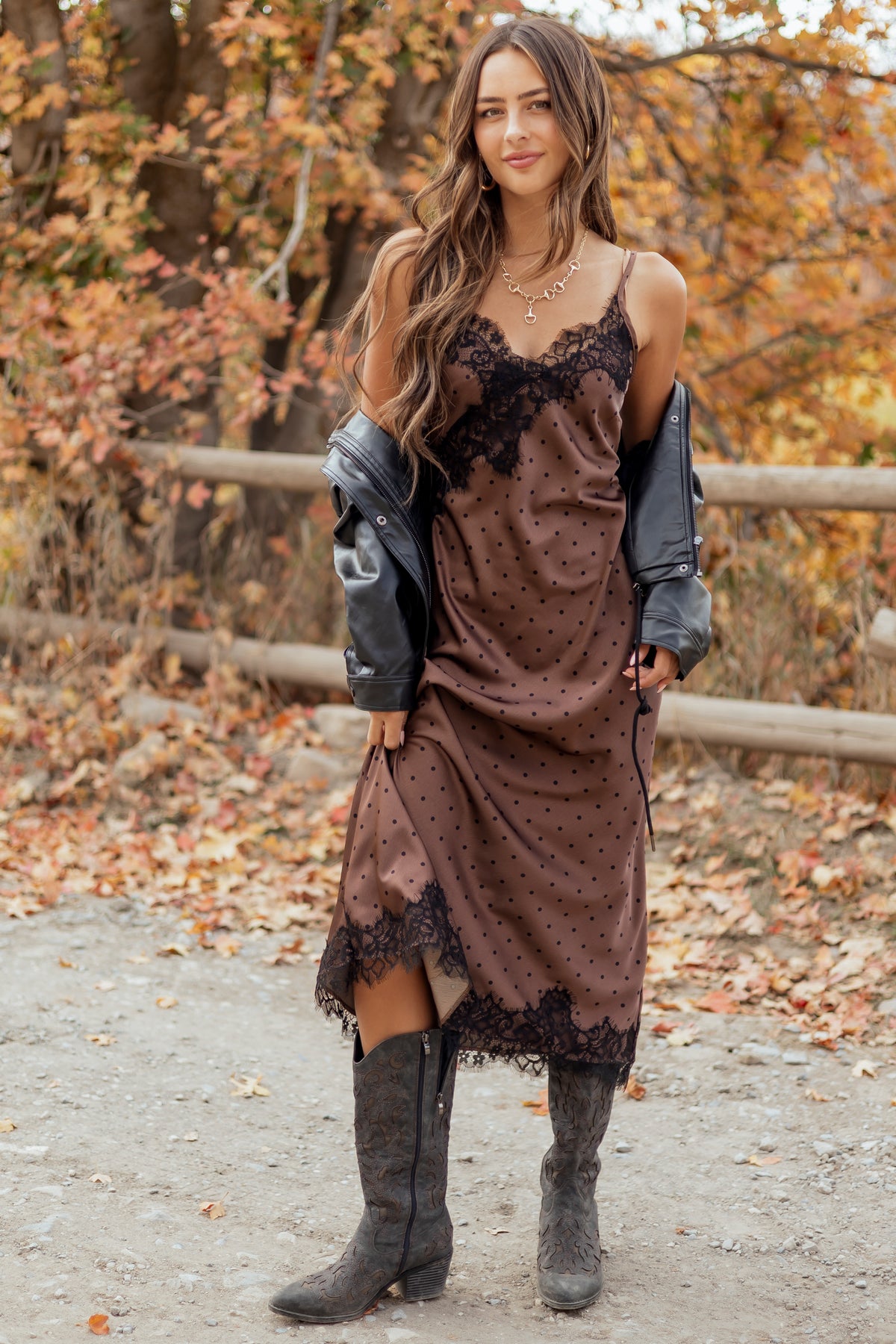 Chocolate Polka Dot Satin Lace Trim Midi Dress