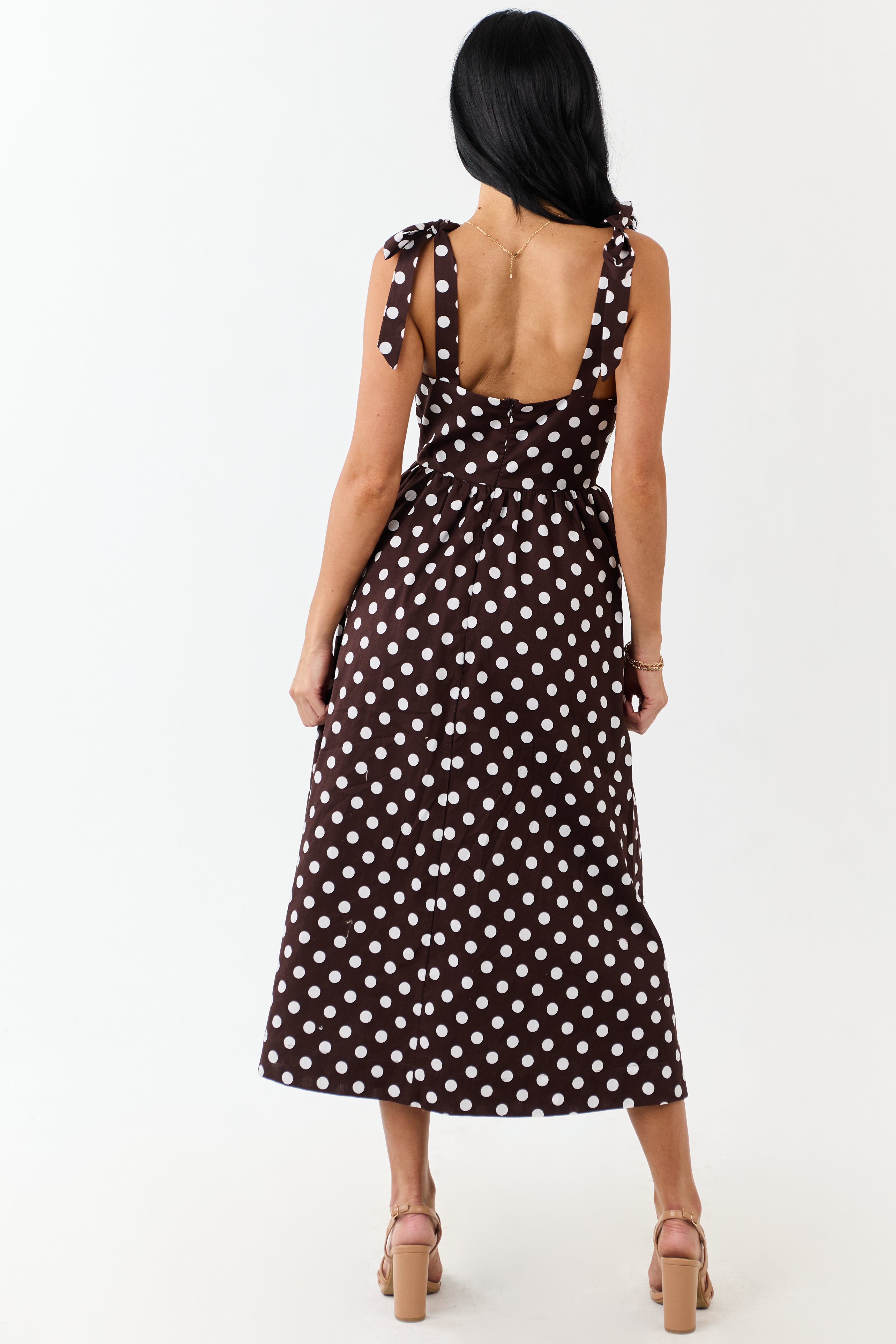 Chocolate Polka Dot Tie Strap Cotton Midi Dress Chocolate Polka Dot Tie Strap Cotton Midi Dress