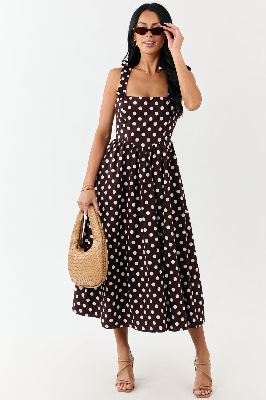 Chocolate Polka Dot Tie Strap Cotton Midi Dress