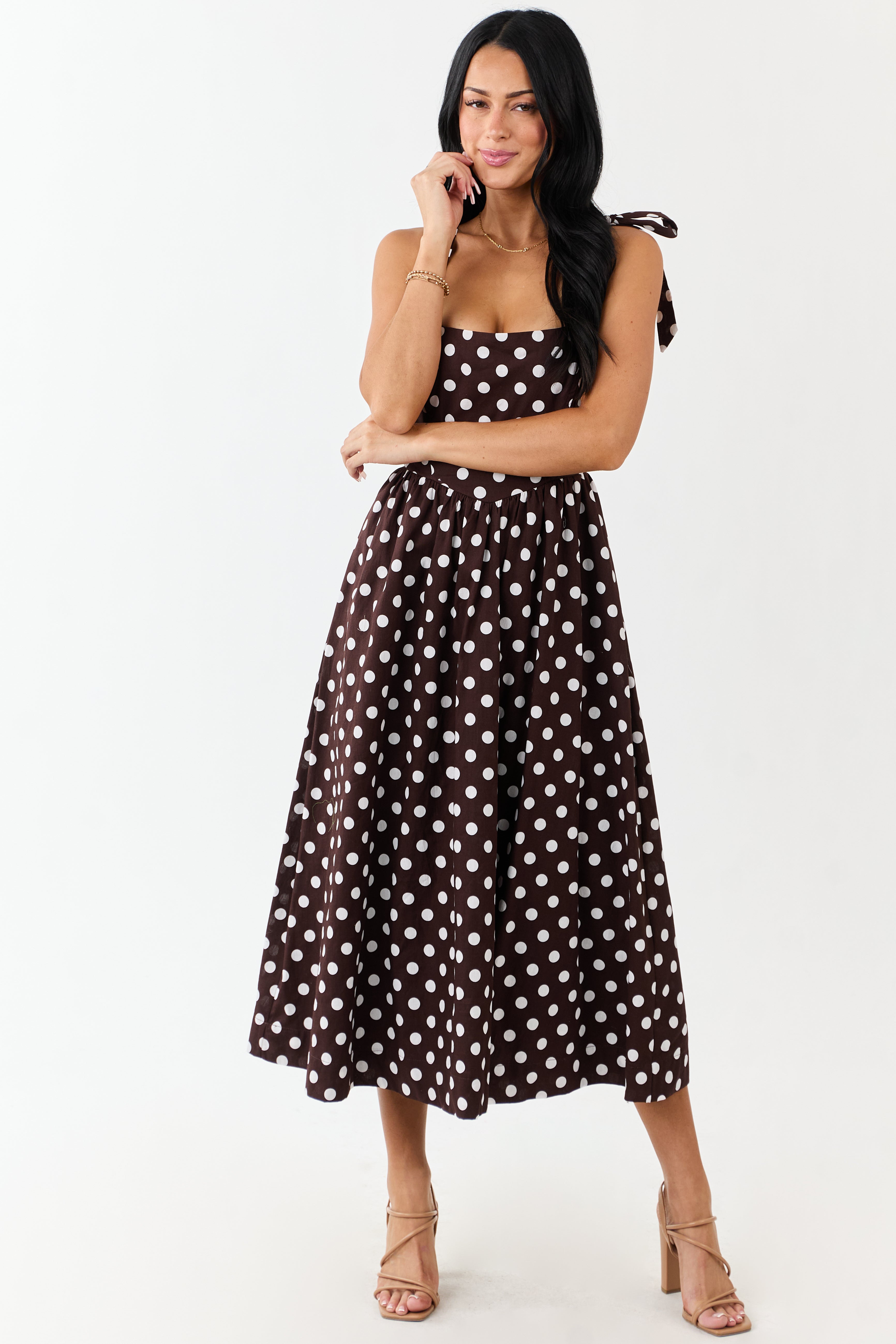 Chocolate Polka Dot Tie Strap Cotton Midi Dress