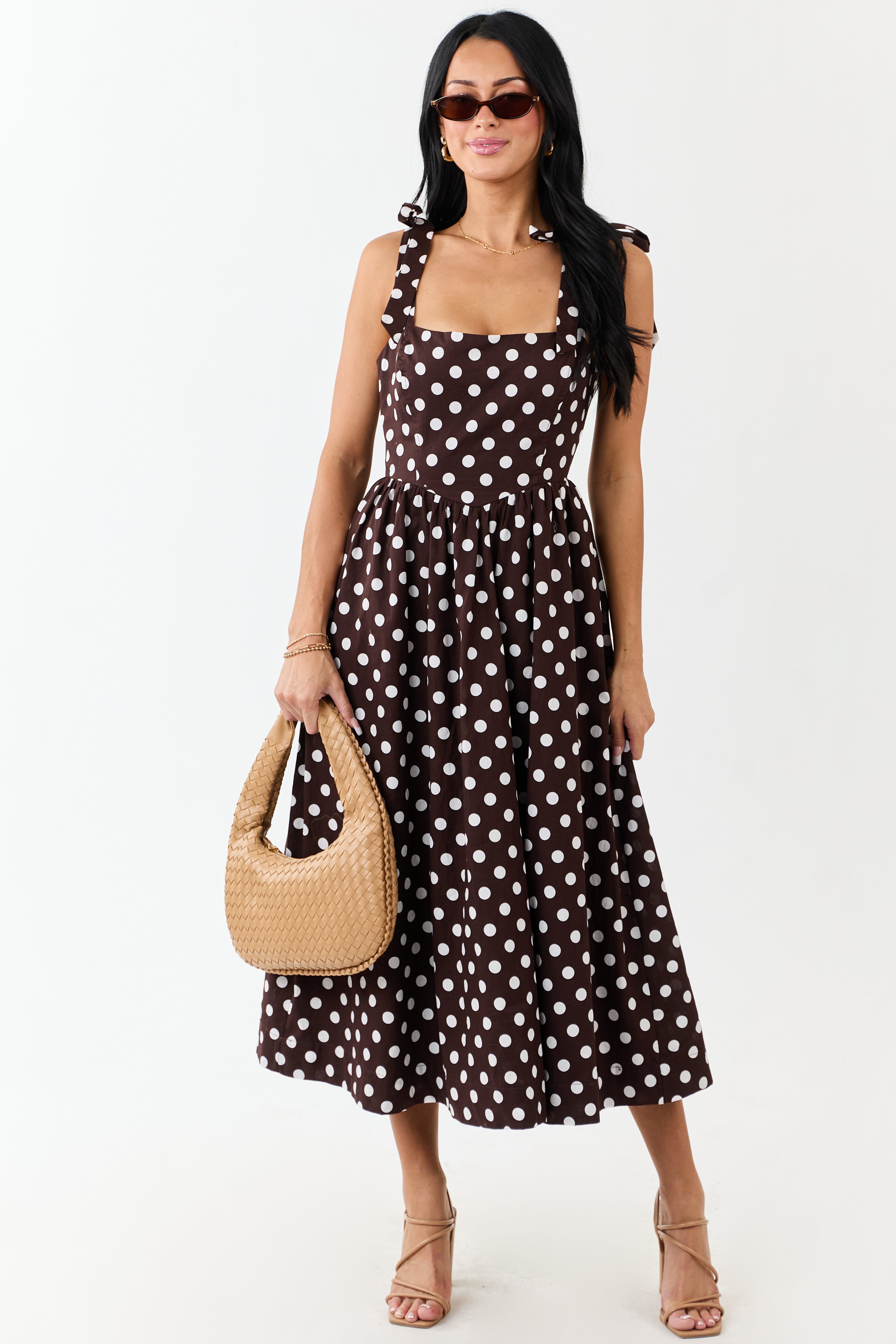 Chocolate Polka Dot Tie Strap Cotton Midi Dress