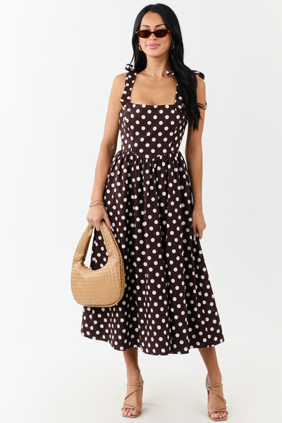 Chocolate Polka Dot Tie Strap Cotton Midi Dress