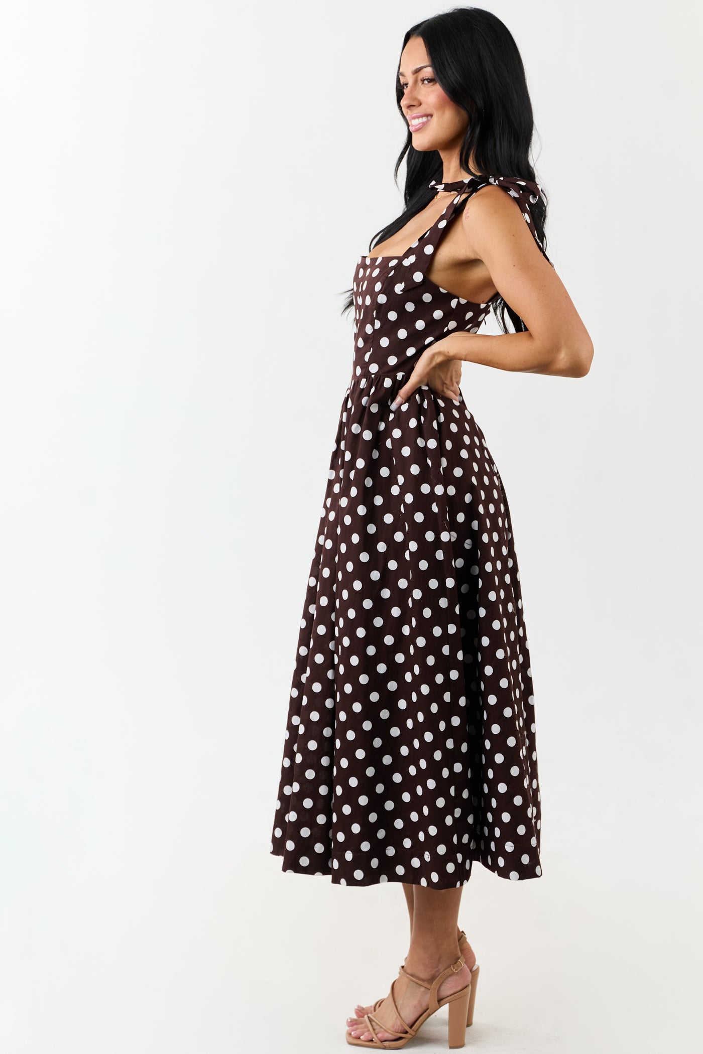 Chocolate Polka Dot Tie Strap Cotton Midi Dress