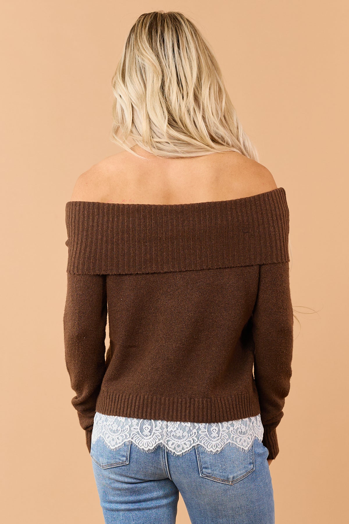 Chocolate Rib Knit Off Shoulder Lace Hem Sweater