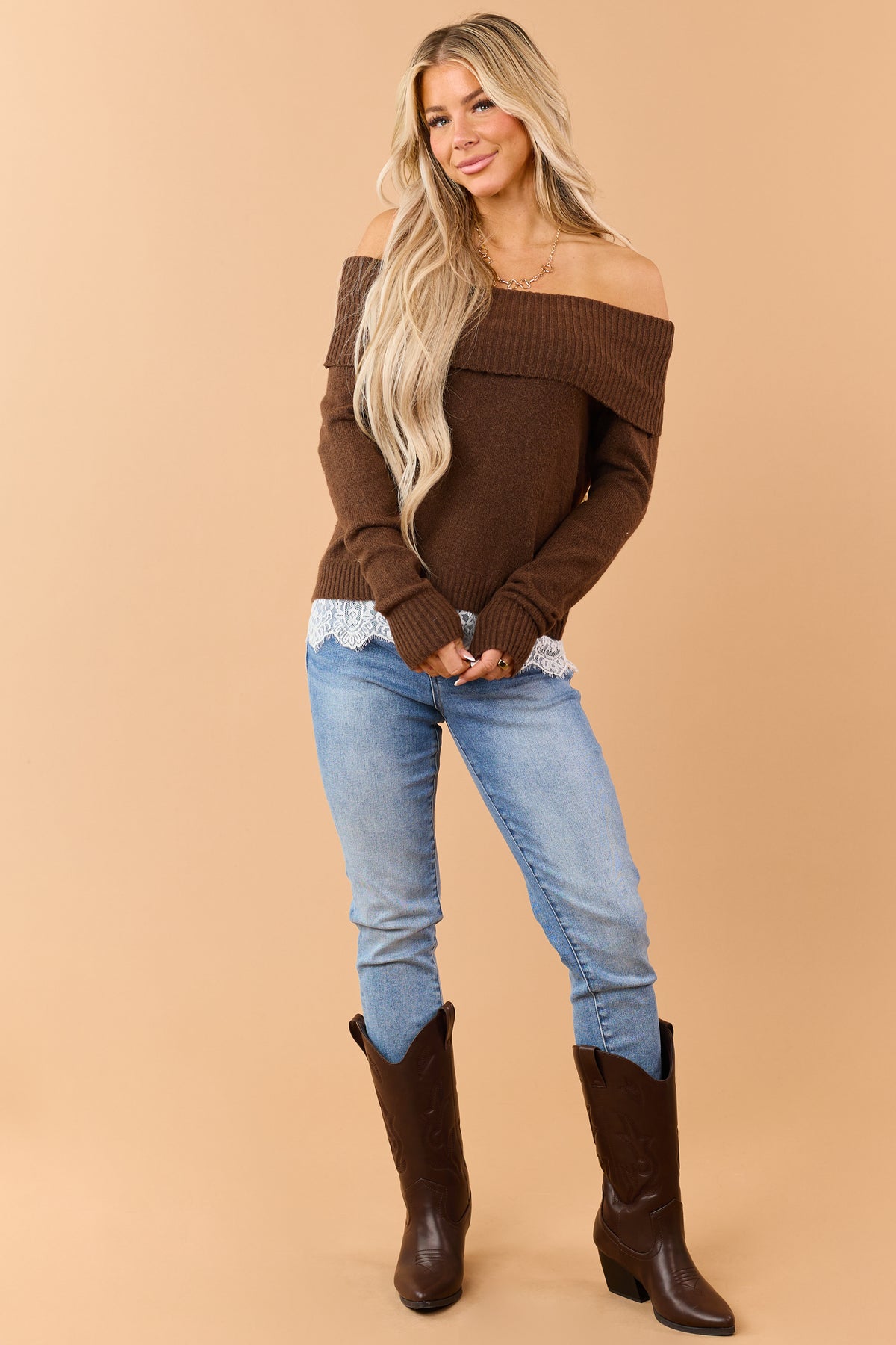 Chocolate Rib Knit Off Shoulder Lace Hem Sweater