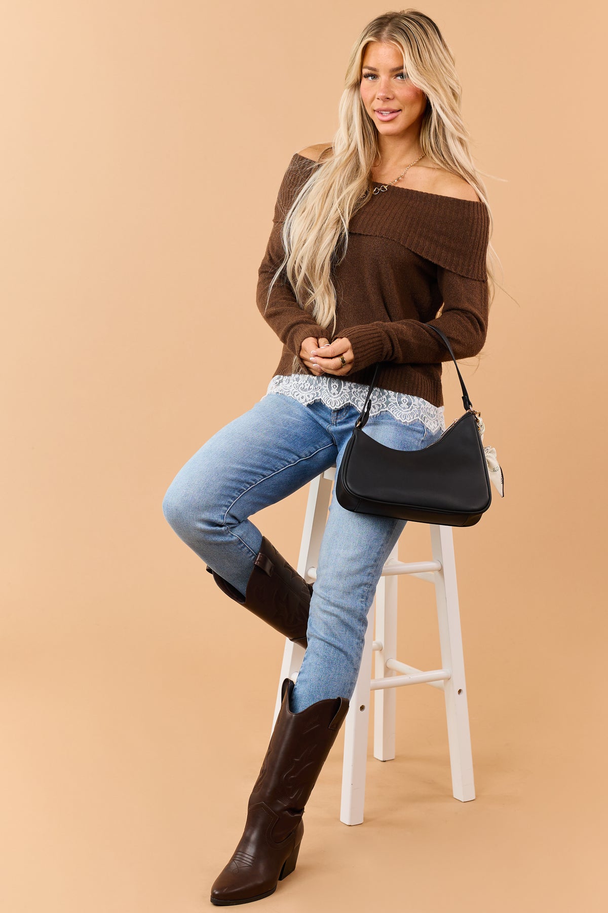 Chocolate Rib Knit Off Shoulder Lace Hem Sweater