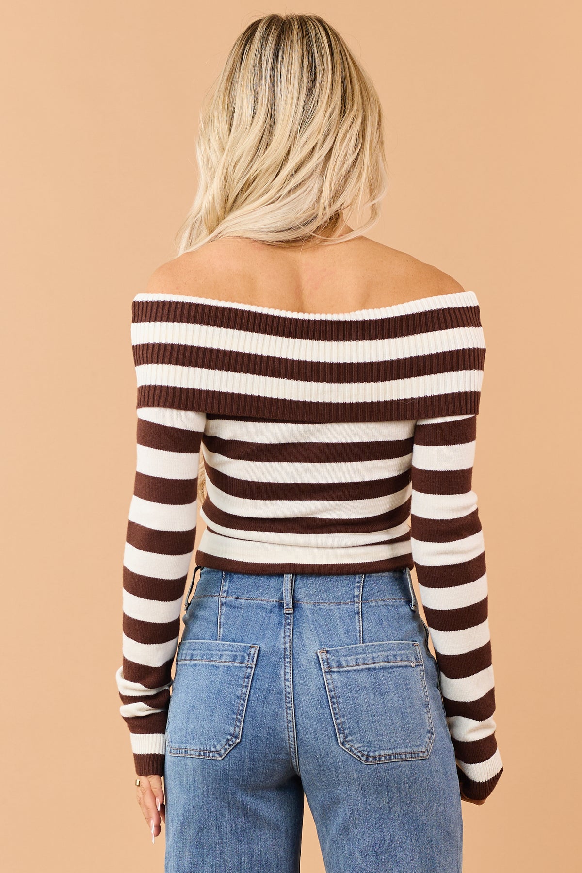 Chocolate Rib Knit Striped Off Shoulder Long Sleeve Top