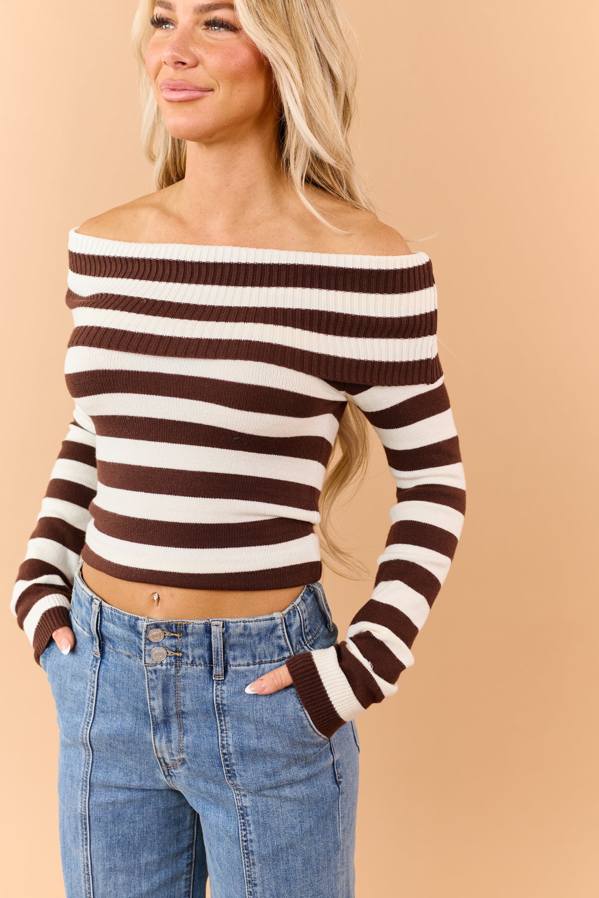 Chocolate Rib Knit Striped Off Shoulder Long Sleeve Top