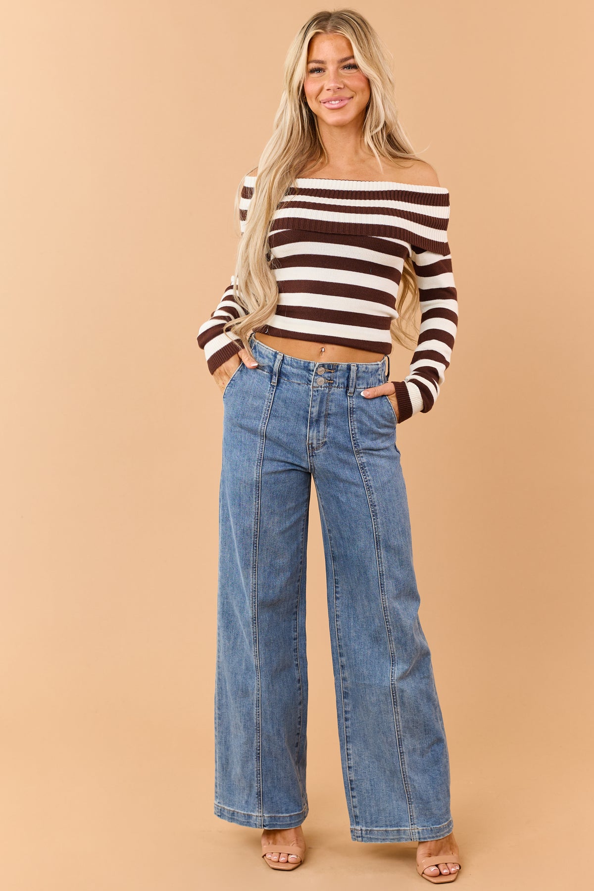 Chocolate Rib Knit Striped Off Shoulder Long Sleeve Top