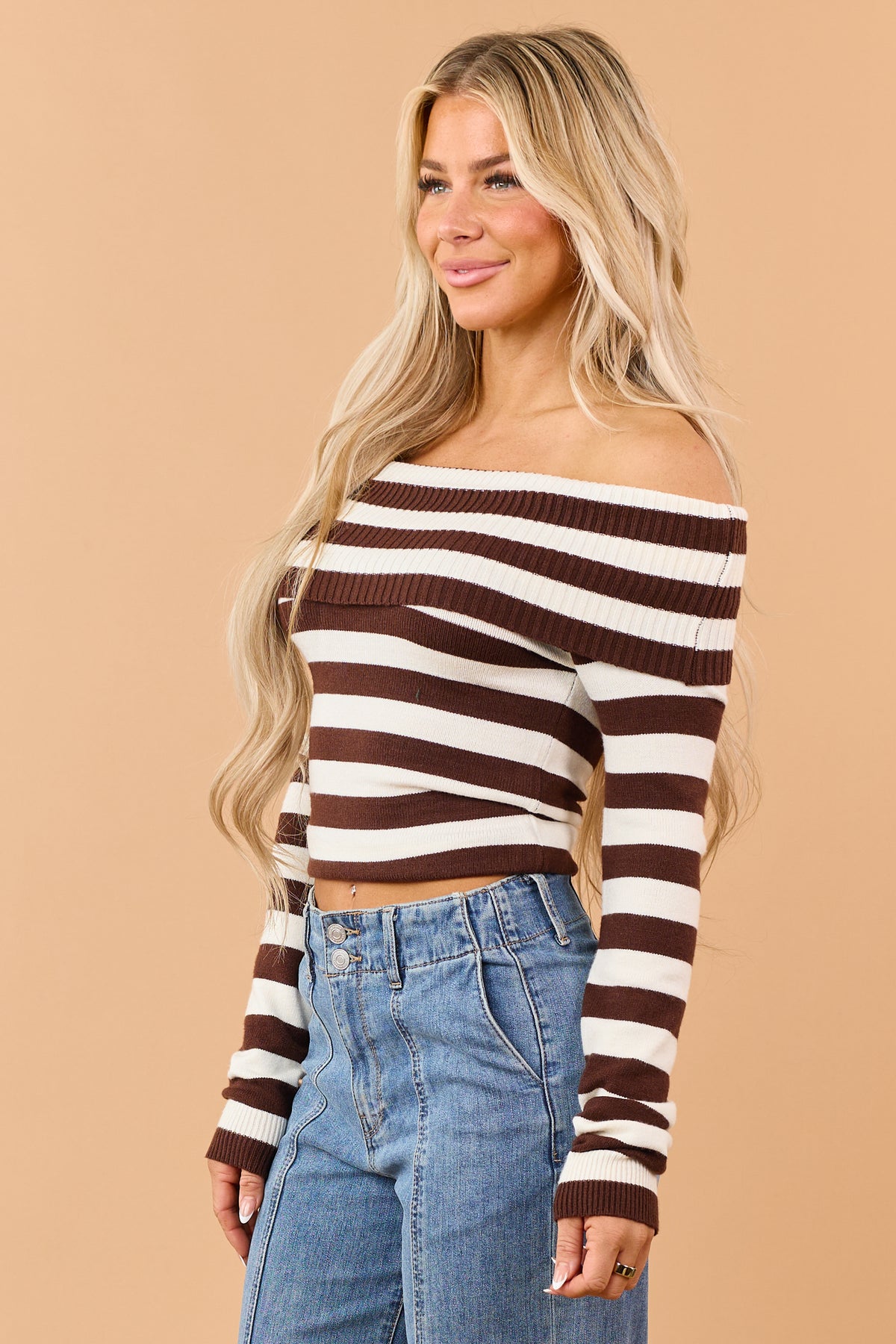 Chocolate Rib Knit Striped Off Shoulder Long Sleeve Top