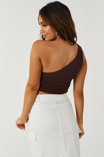 Chocolate Ruched One Shoulder Cropped Tank Top