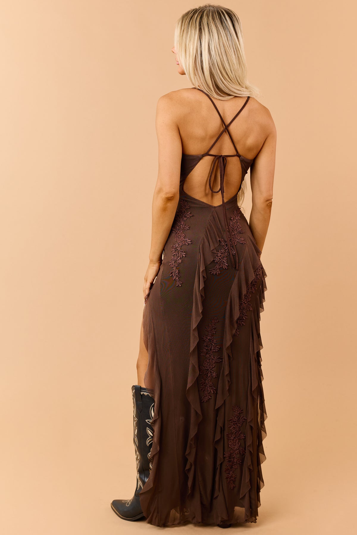 Chocolate Ruffle Mesh Floral Applique Maxi Dress